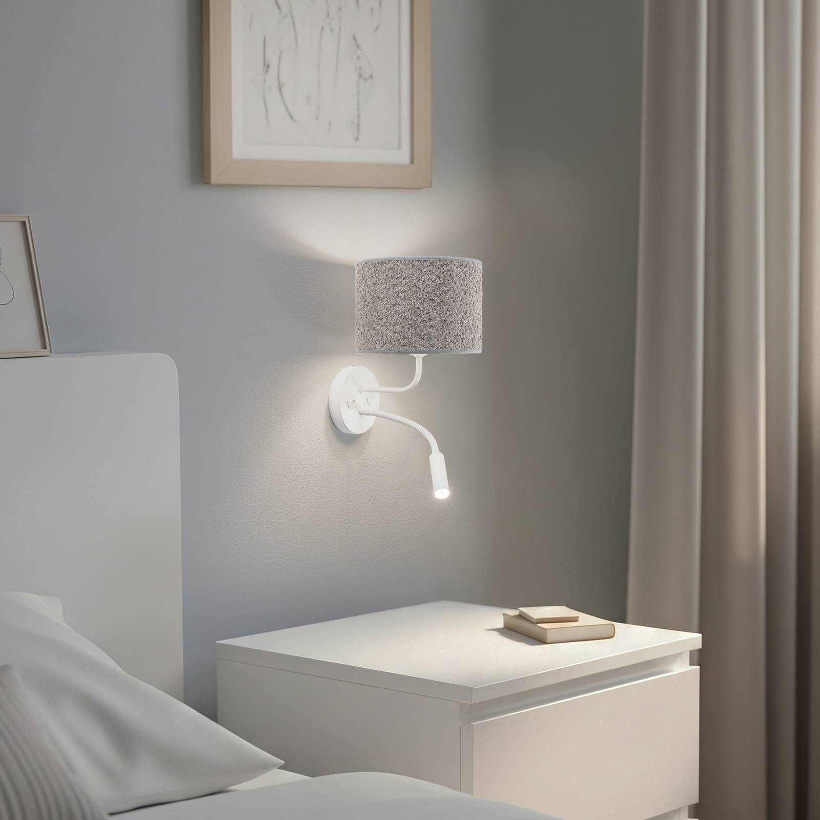 Wandleuchte Roller, Bouclé grau, weiß, mit Leselicht günstig online kaufen