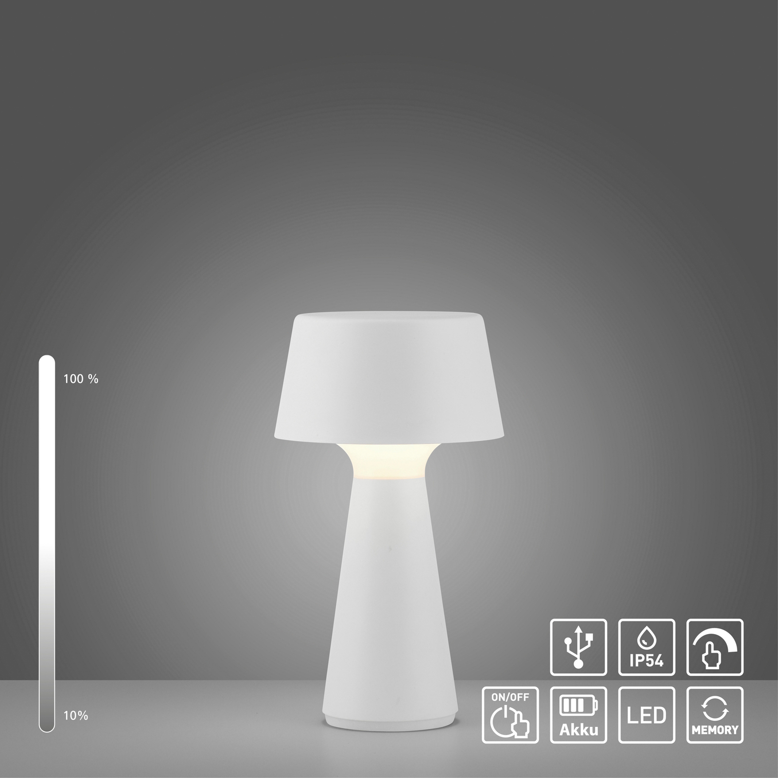 JUST LIGHT. Abera lámpara de mesa LED recargable plástico blanco IP54