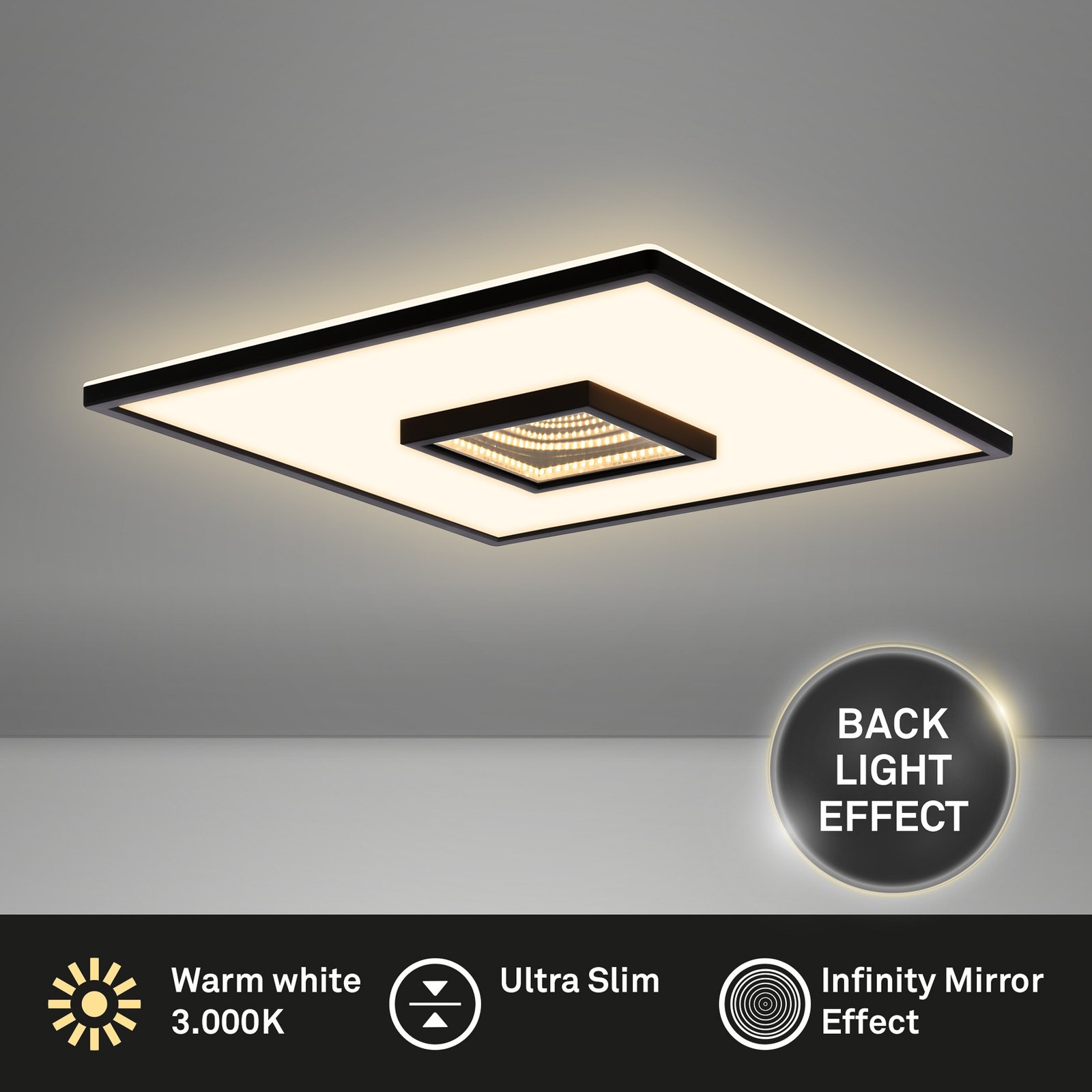 Toro LED ceiling light, black, 42x42 cm, plastic