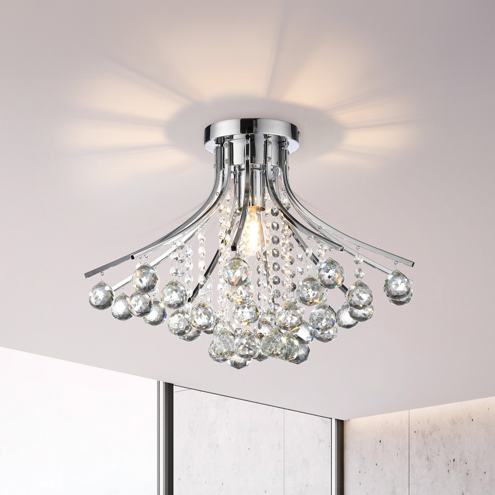 JUST LIGHT. Kulunka ceiling lamp, crystal glass drops, chrome