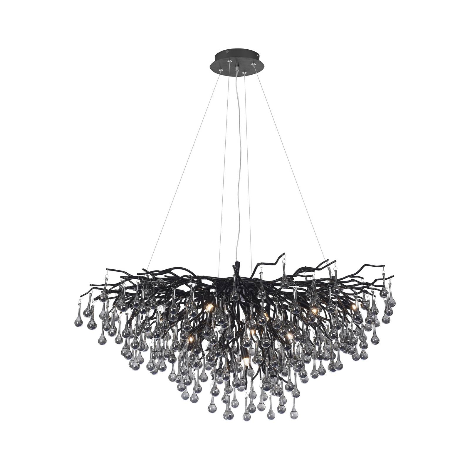 Kronleuchter Icicle, schwarz, Glasbehang, Länge 100 cm