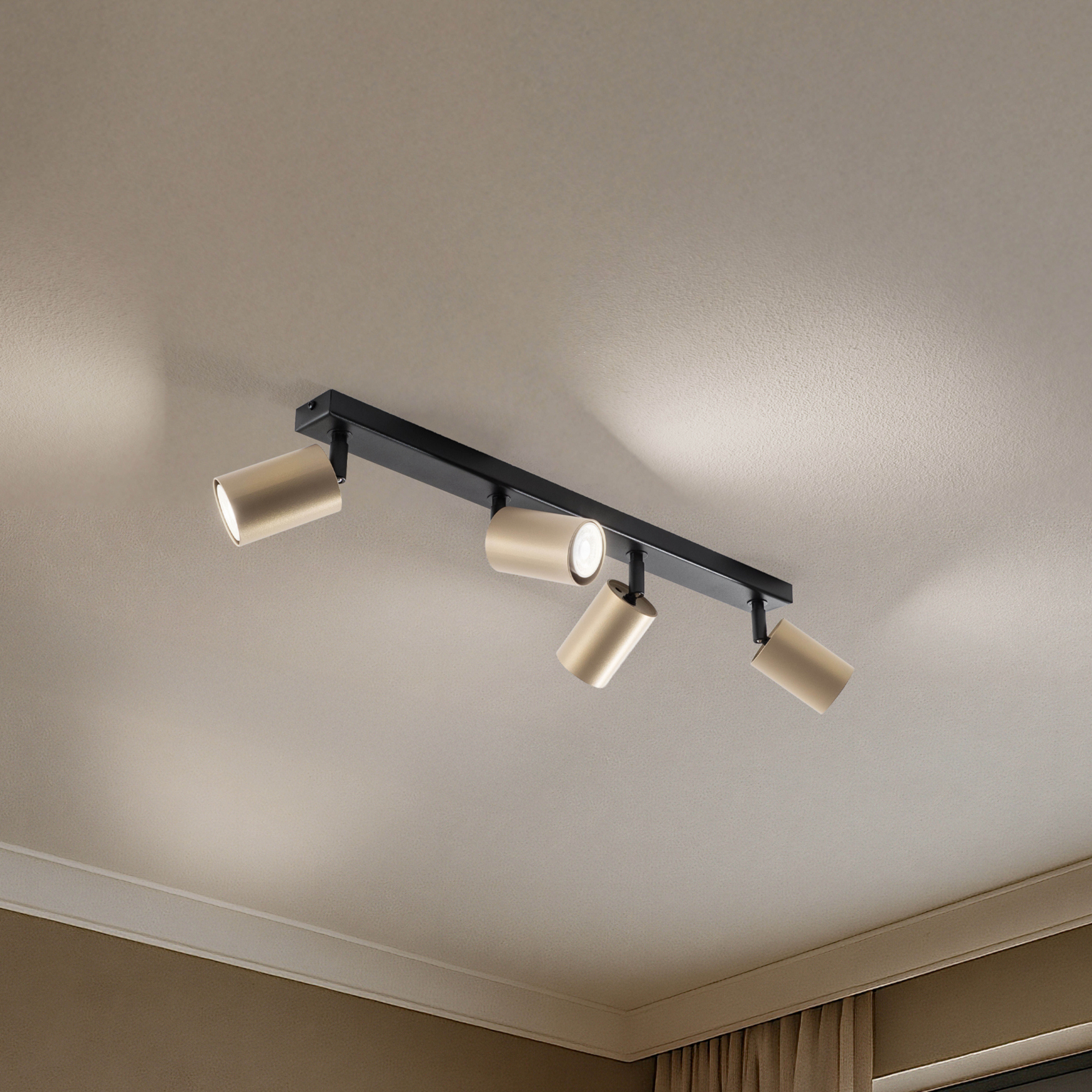 Loftspot Zoom, 4 lyskilder, sort/guld