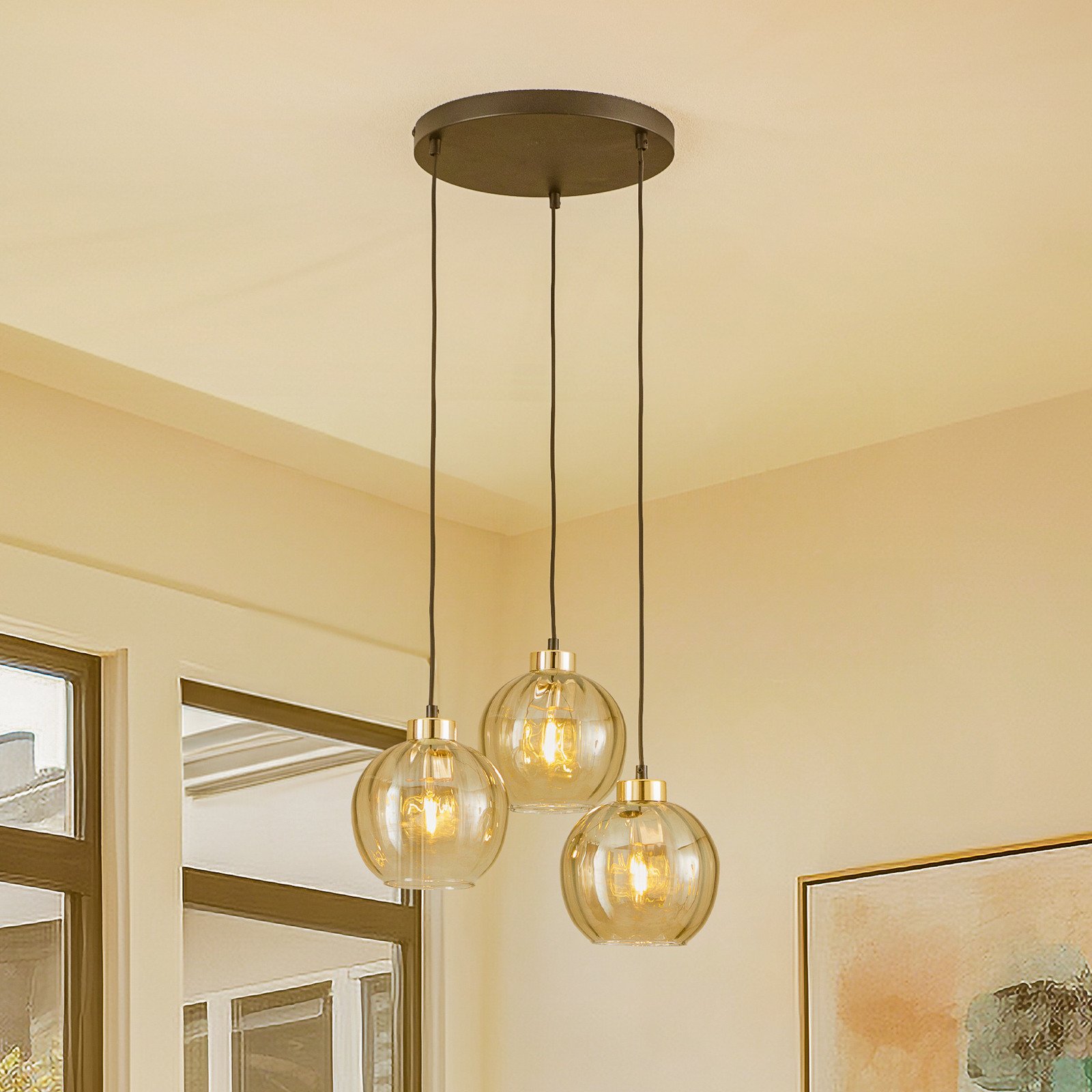 TK Lighting Lampă suspendată Devi chihlimbar 3 becuri rondel - Camera de zi / sufragerie - negru auriu chihlimbar - Sticlă