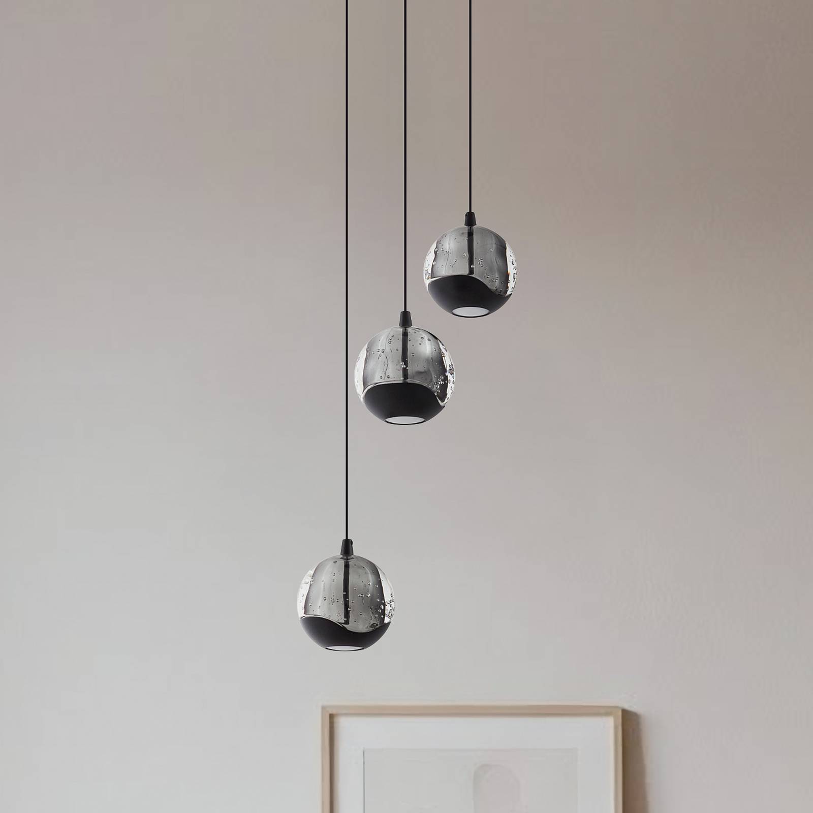 Lucande suspension LED Hayley, noir, à 3 lampes, verre