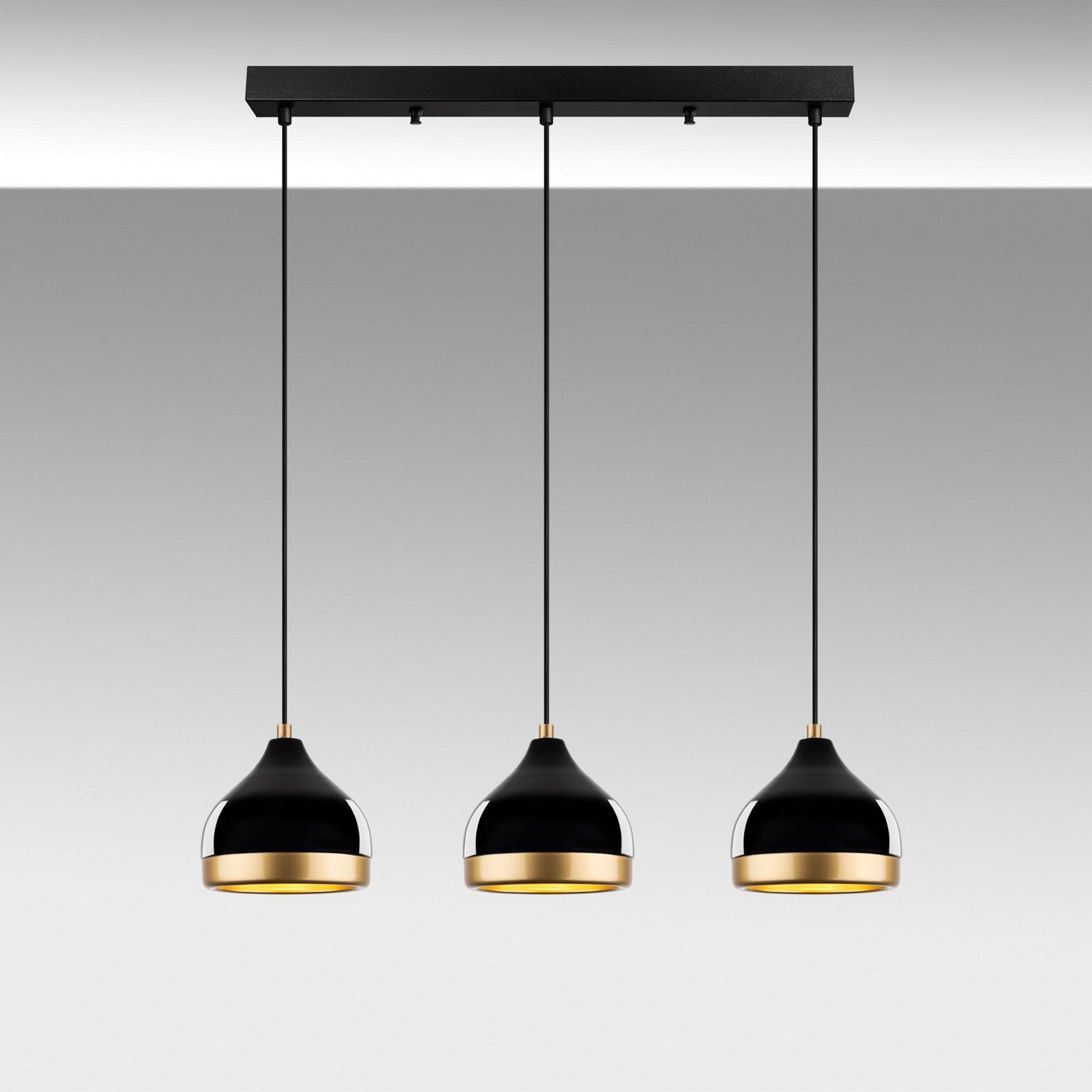 Hängeleuchte Yildo, linear, 3-flammig, schwarz/gold, Metall