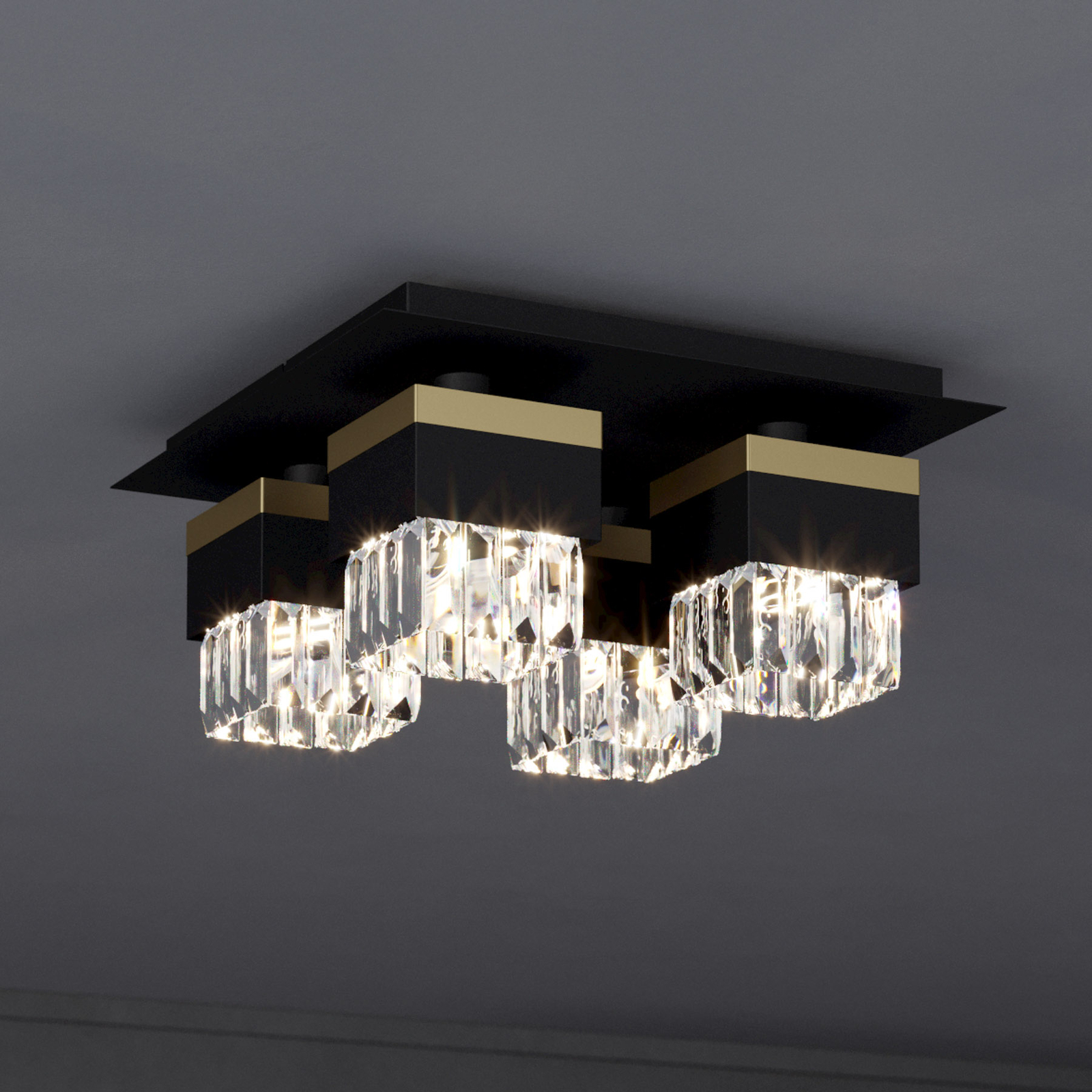 Barrancas ceiling lamp, black/gold, crystal glass