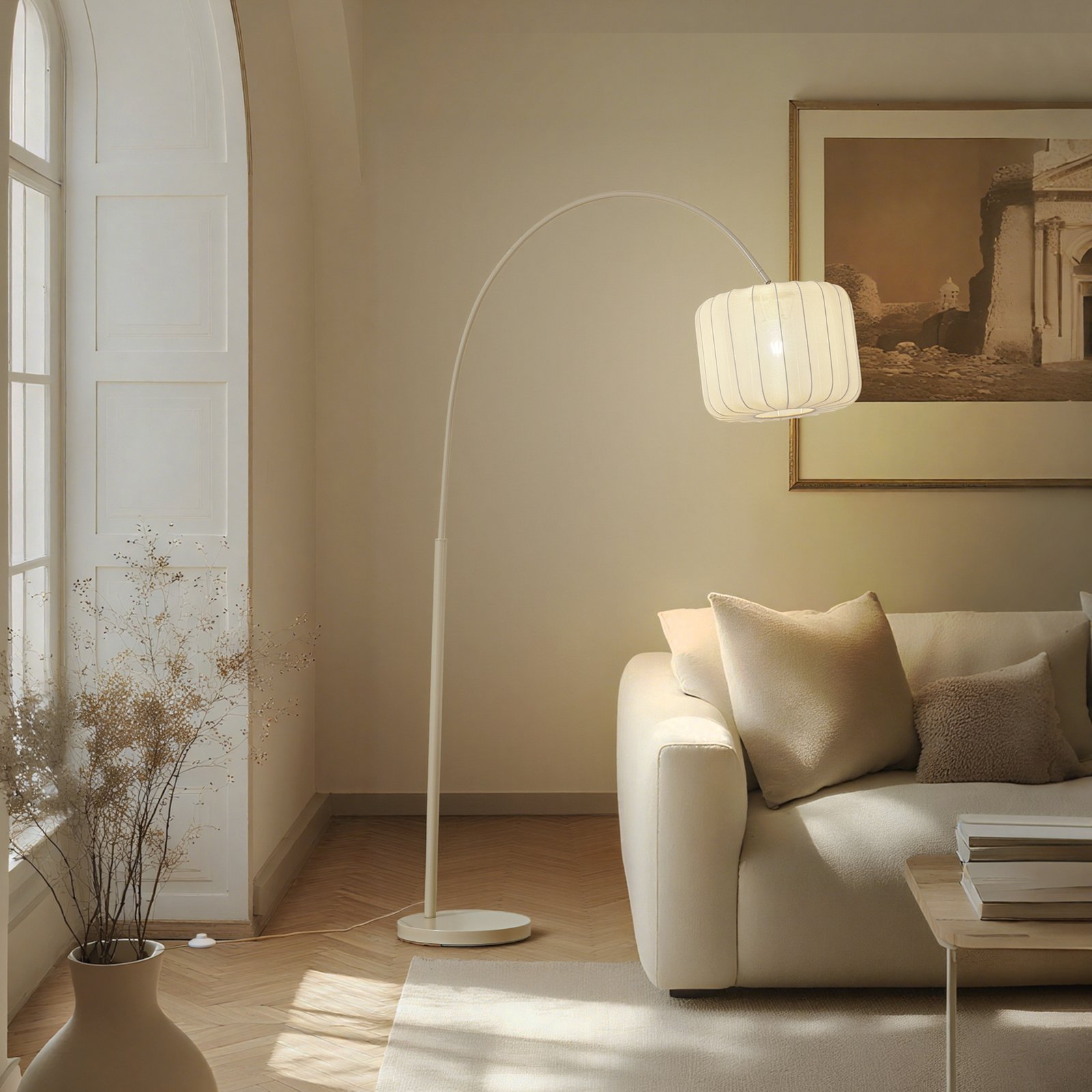 Helin booglamp, beige, textiel, hoogte 198,5 cm - Lindby