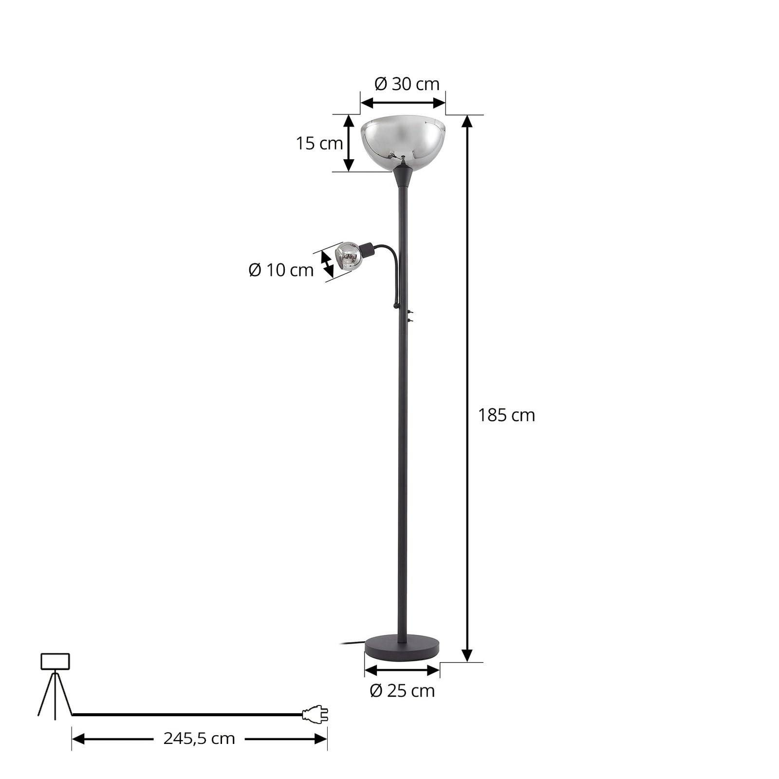 Lindby floor lamp Nehemia, black, glass, reading light, 185 cm