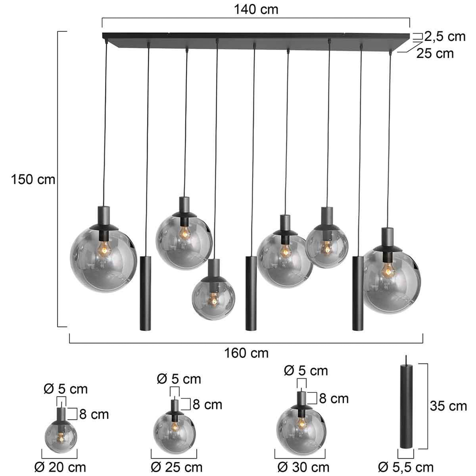 Bollique pendant light, black, 9-bulb long, glass, metal