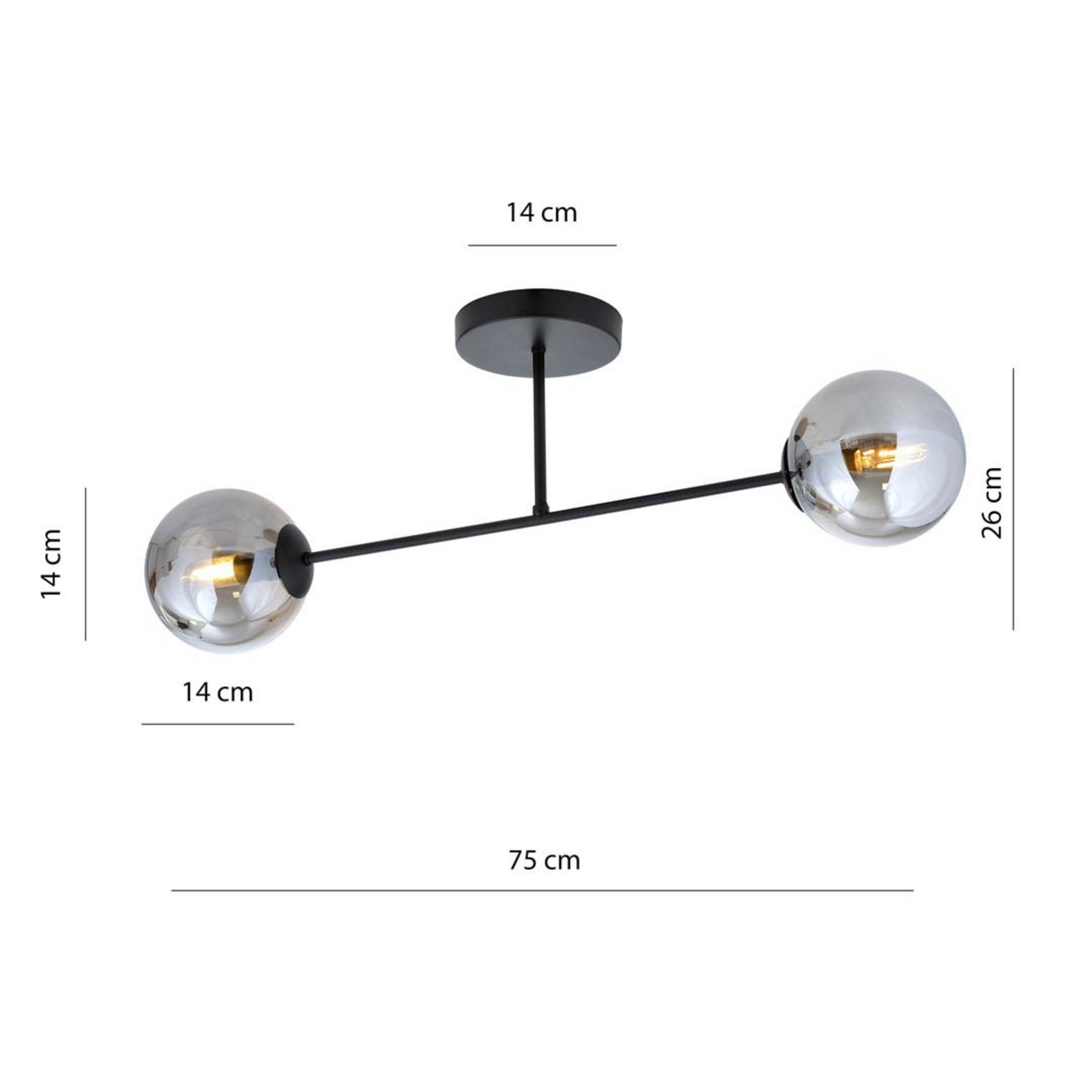 Szklana lampa sufitowa, 2-punktowa, szkło grafitowe
