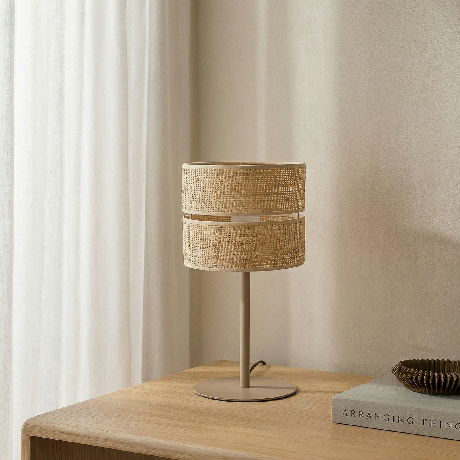 lampe à poser Calma, beige, raphia, hauteur 38 cm, E27