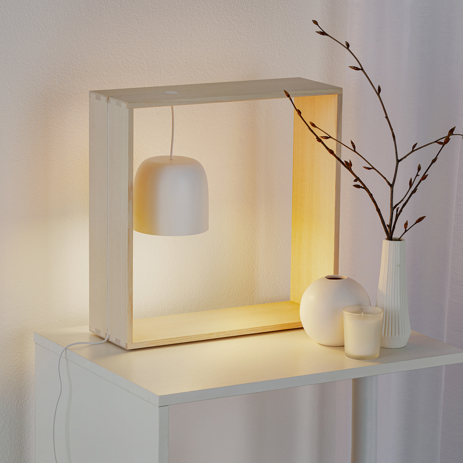 Flos FLOS Gaku Wire LED table lamp, white, for Living / Dining Room, ash wood, polycarbonate, 5.5 W, energy efficiency: A+, L: 35 cm, W: 12 cm, H: 35 cm