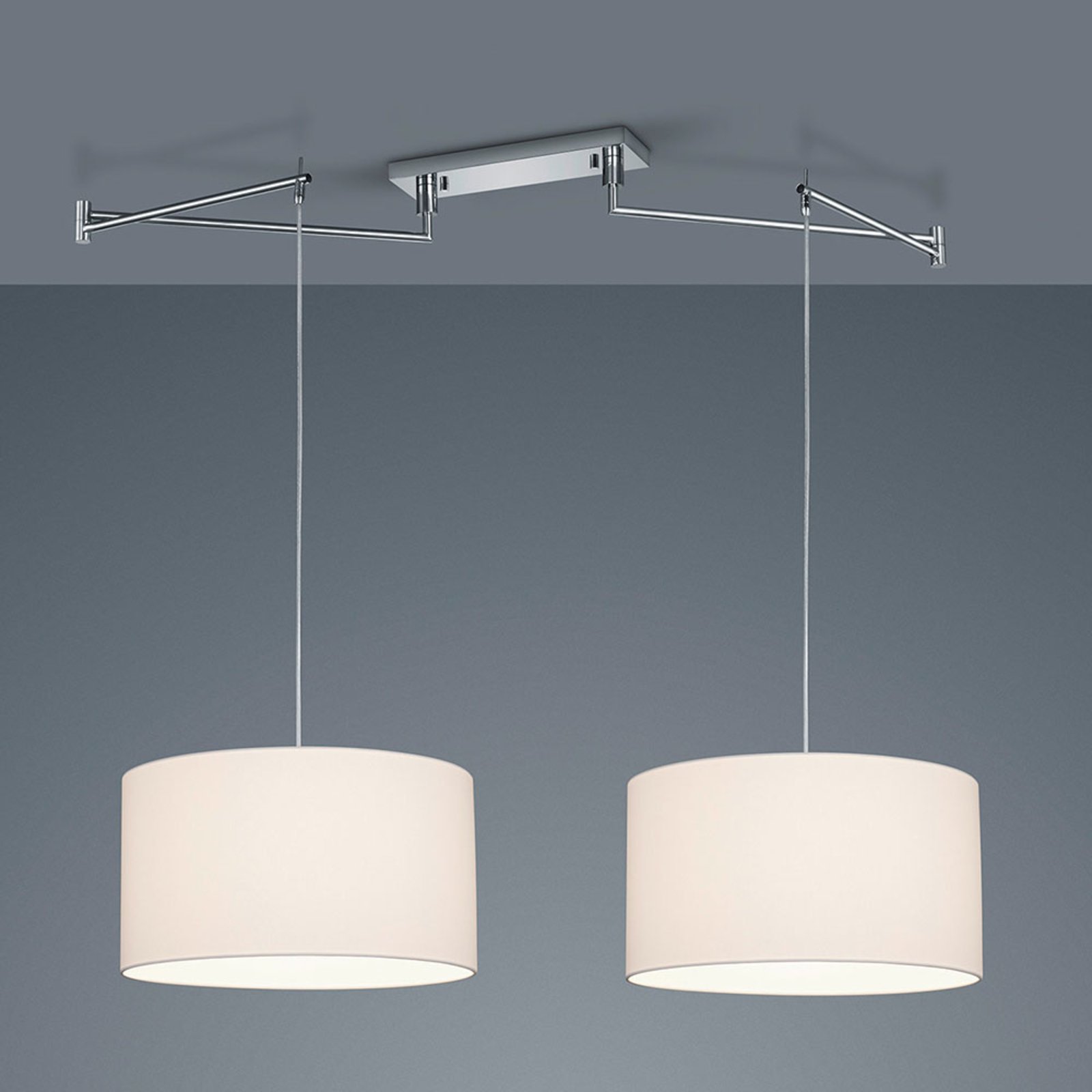 Helestra Certo hanging lamp cylinder 2-bulb, white, for Living / Dining Room, metal, chintz, E27, 100 W, energy efficiency: A++, L: 198 cm, W: 45 cm, H: 25 cm