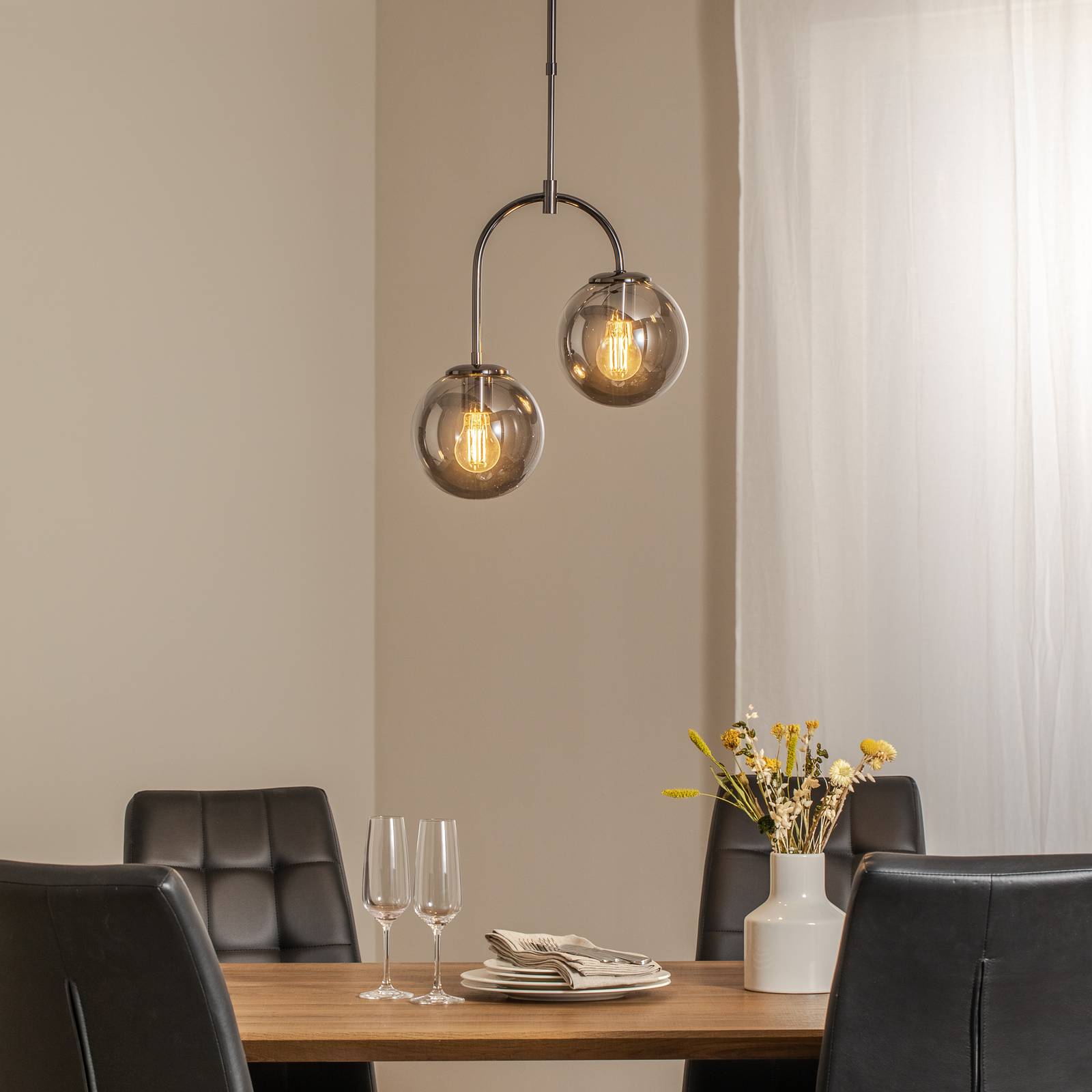 Hängeleuchte Portemo, rauchgrau/nickel, Ø 37 cm, 2-flg. Glas günstig online kaufen
