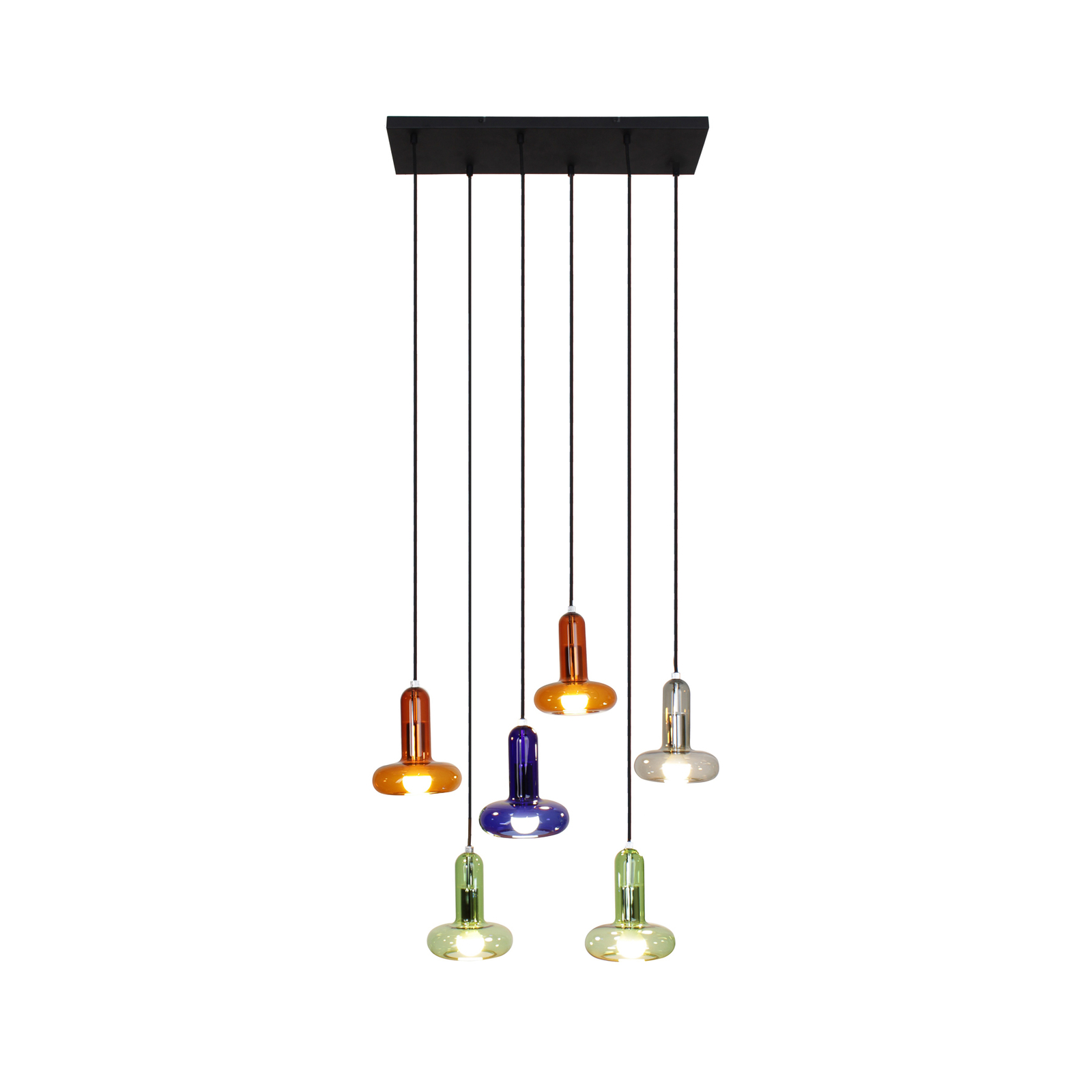 Lámpara colgante Perseo, colorida, longitud 65 cm, 6 luces, cristal