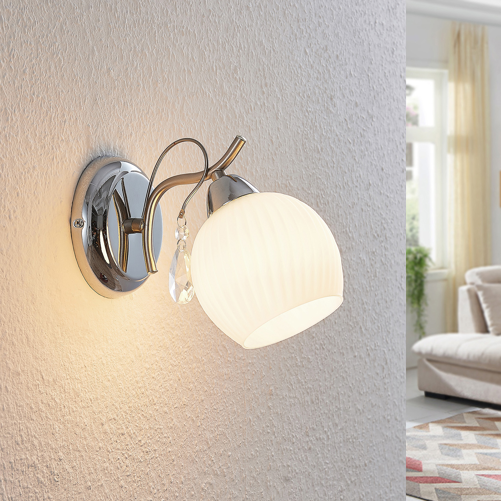 Lindby Feodora vegglampe kromstil - dimbar - vegglys Stue / spisestue - glass, metall