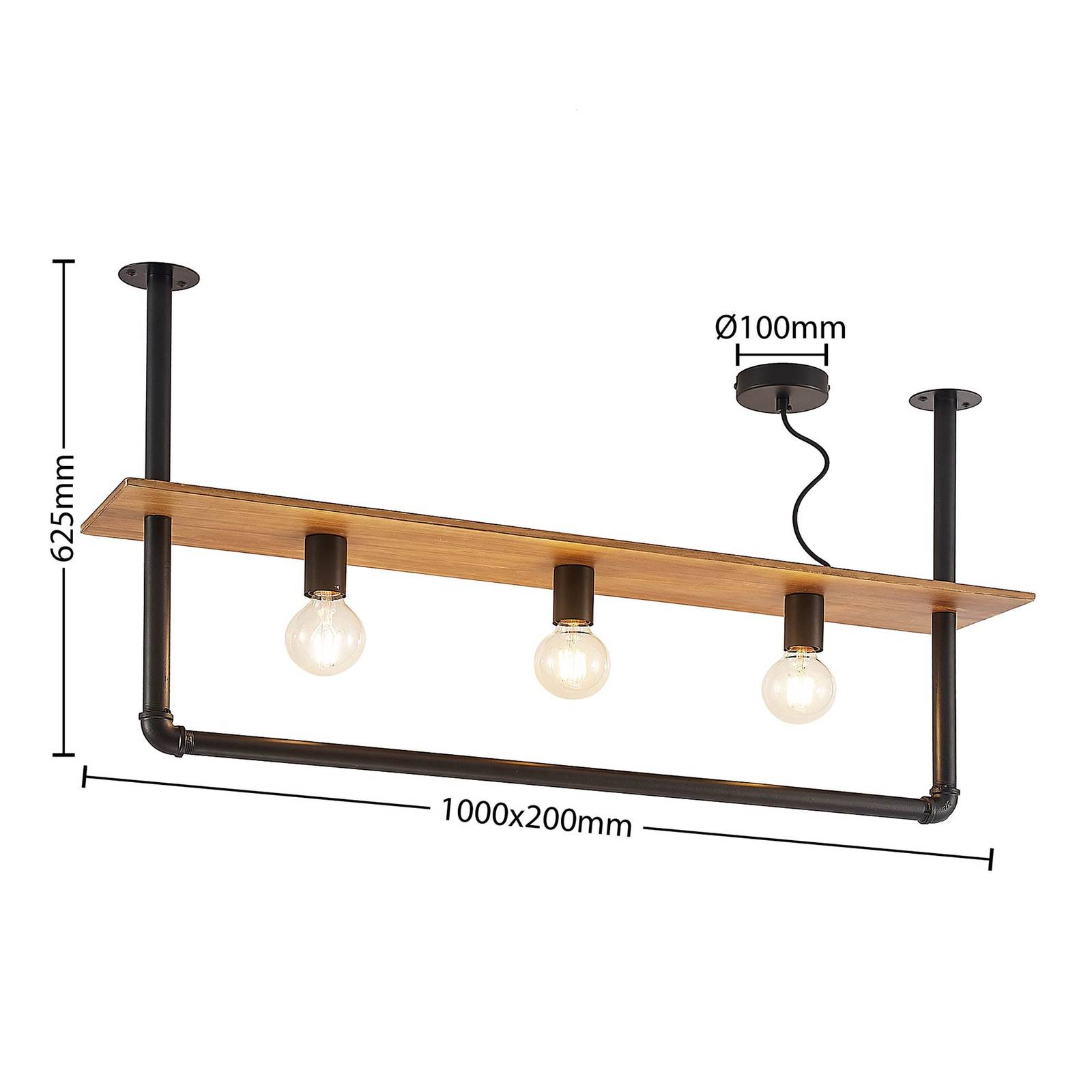 Lampa sufitowa Lindby Kirista, 3-punktowa, czarna, drewno, 100 cm