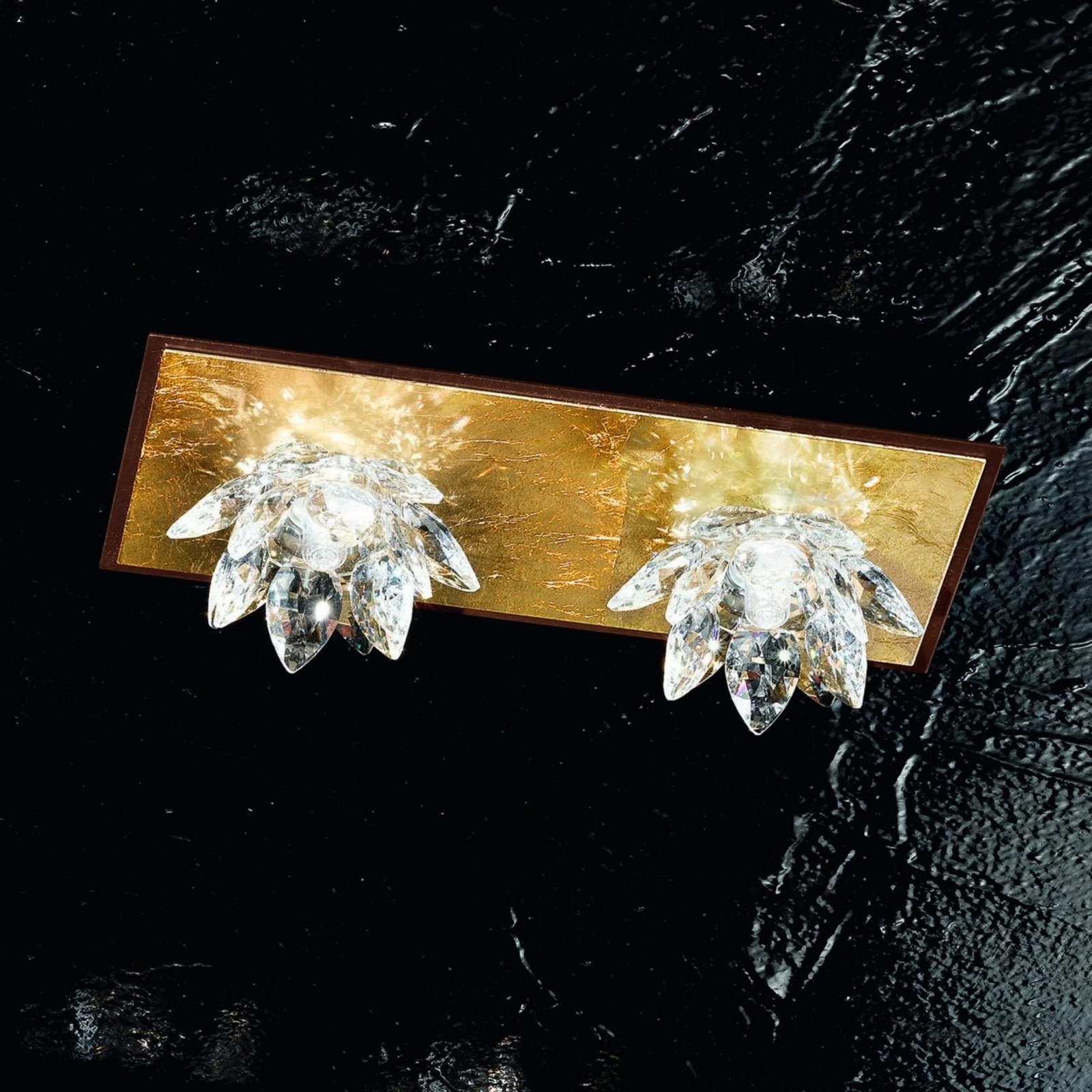 Candeeiro de teto Fiore com folha de ouro e cristal, 2 luzes