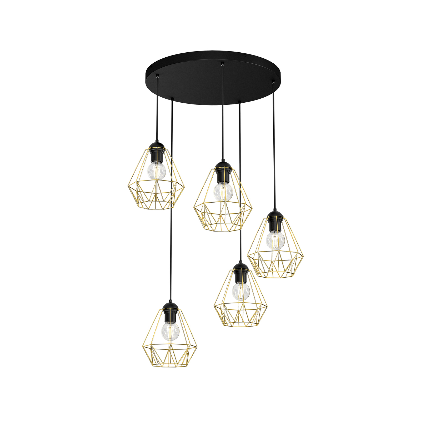 Jin hanglamp, zwart/messing, 5-lamps, rond