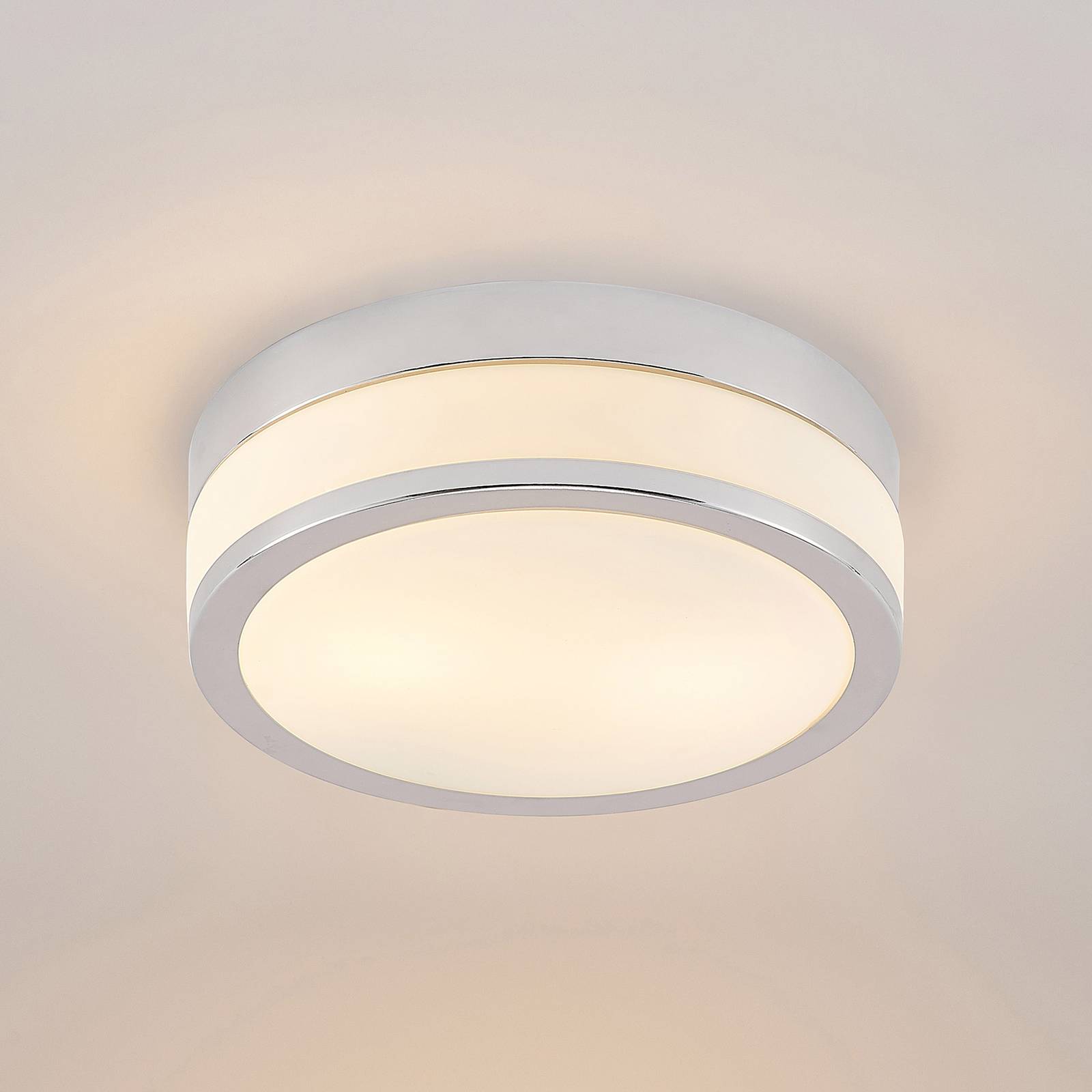 Lampa sufitowa Lindby Flavi, Ø 28 cm, chrom, szkło, IP44, E27