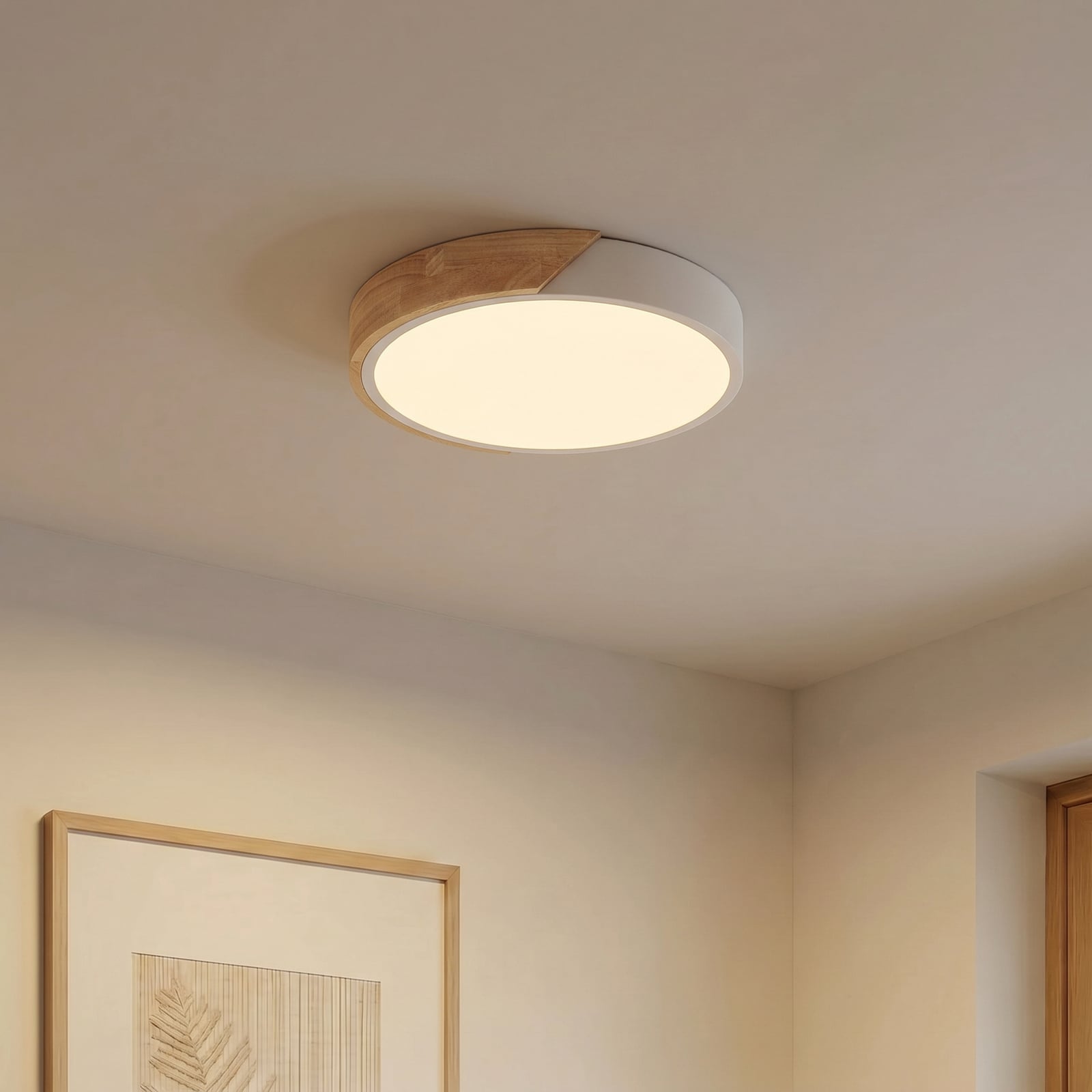 Lynorri LED-Deckenleuchte, Ø 31 cm, weiß, Holzdekor - Prios Lynorri LED-Deckenleuchte, Ø 31 cm, weiß, Holzdekor - Prios