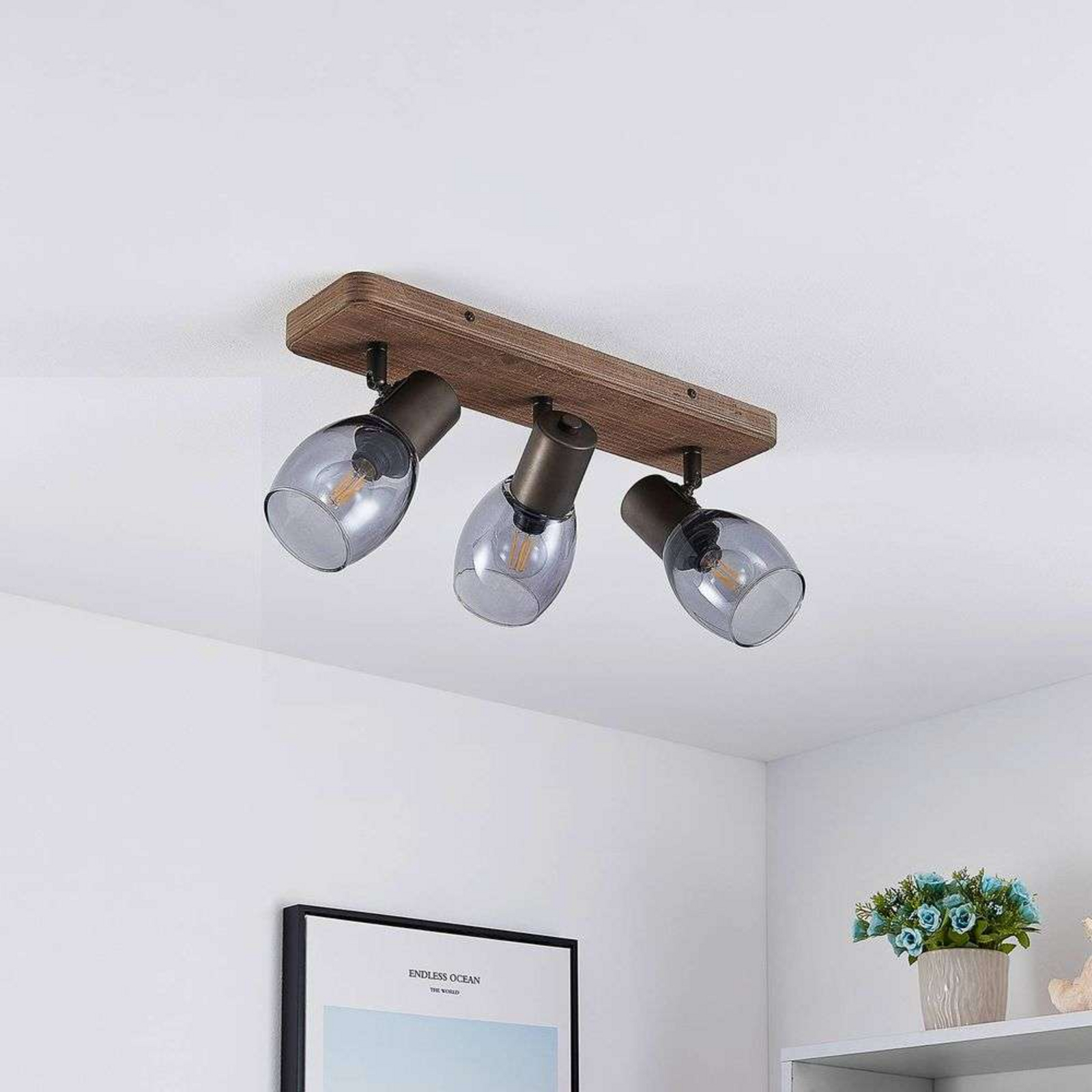 Ineska 3 Square Taklampe Smoke/Wood - Lindby