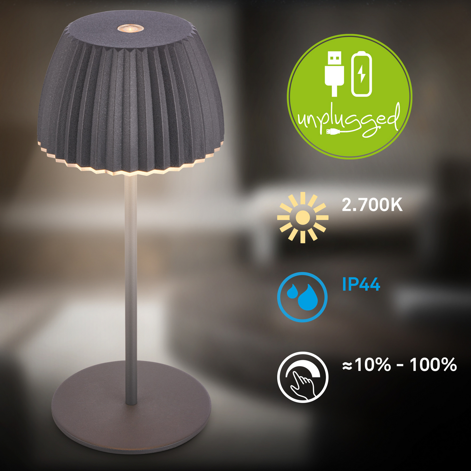 LED-Akku-Tischlampe Brilo unplugged Riffle, 20 cm, anthrazit