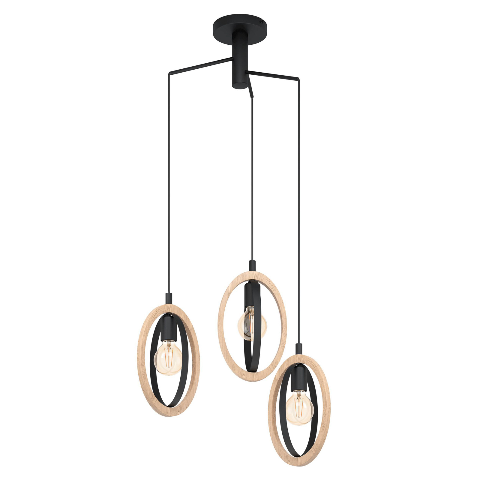 Basildon hanging light, wood details 3-bulb, rings