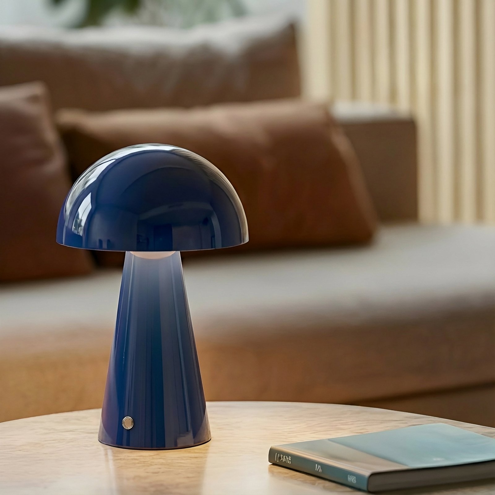 Lindby LED акумулаторна настолна лампа Nevijo, синя, Ø20cm, USB, димер