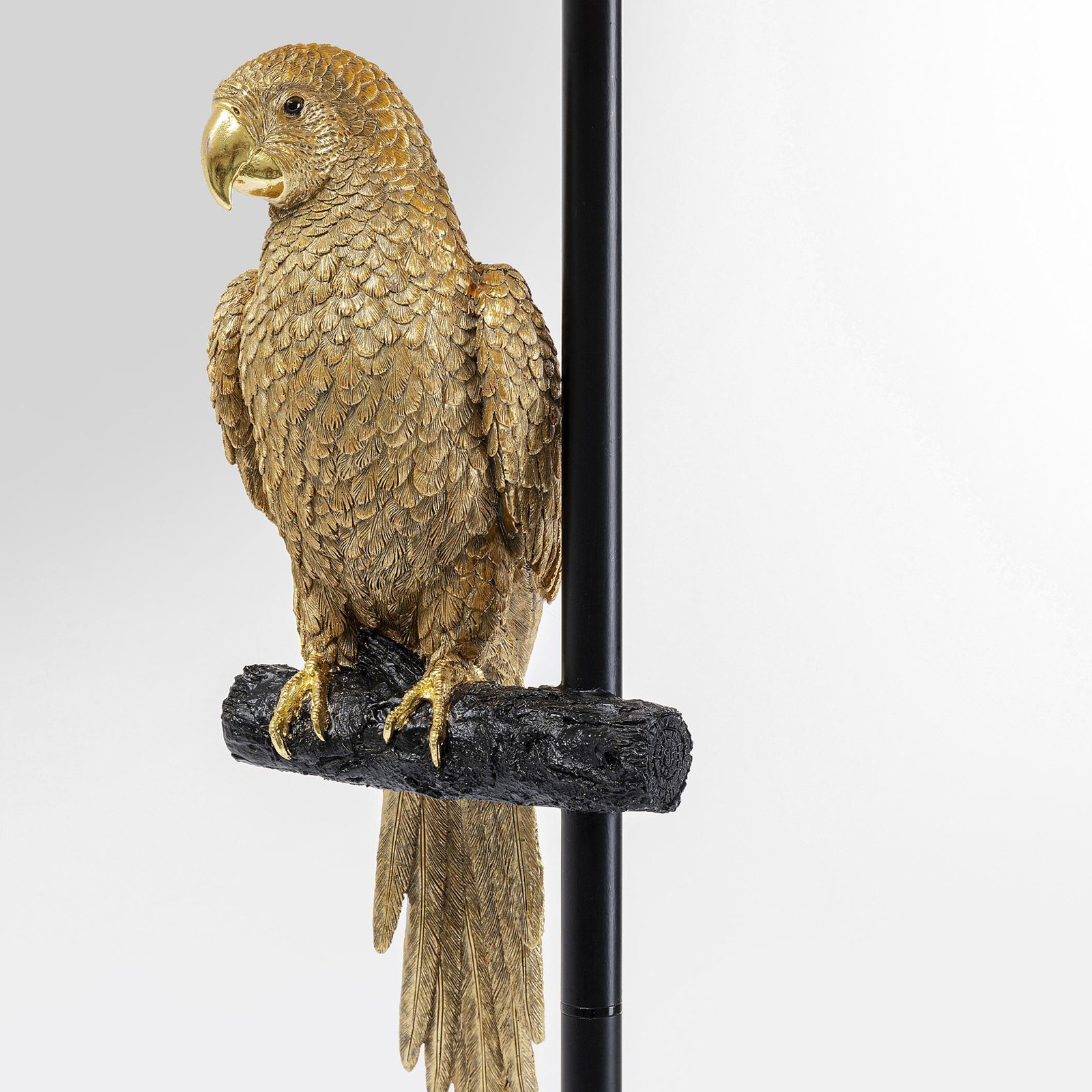 Kare lámpara de pie Animal Parrot, textil negro, figura dorada