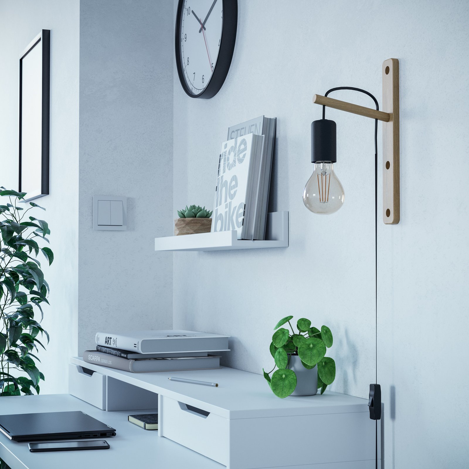 Kinkiet Pockley, wysięg 16 cm, czarny/drewno, drewno