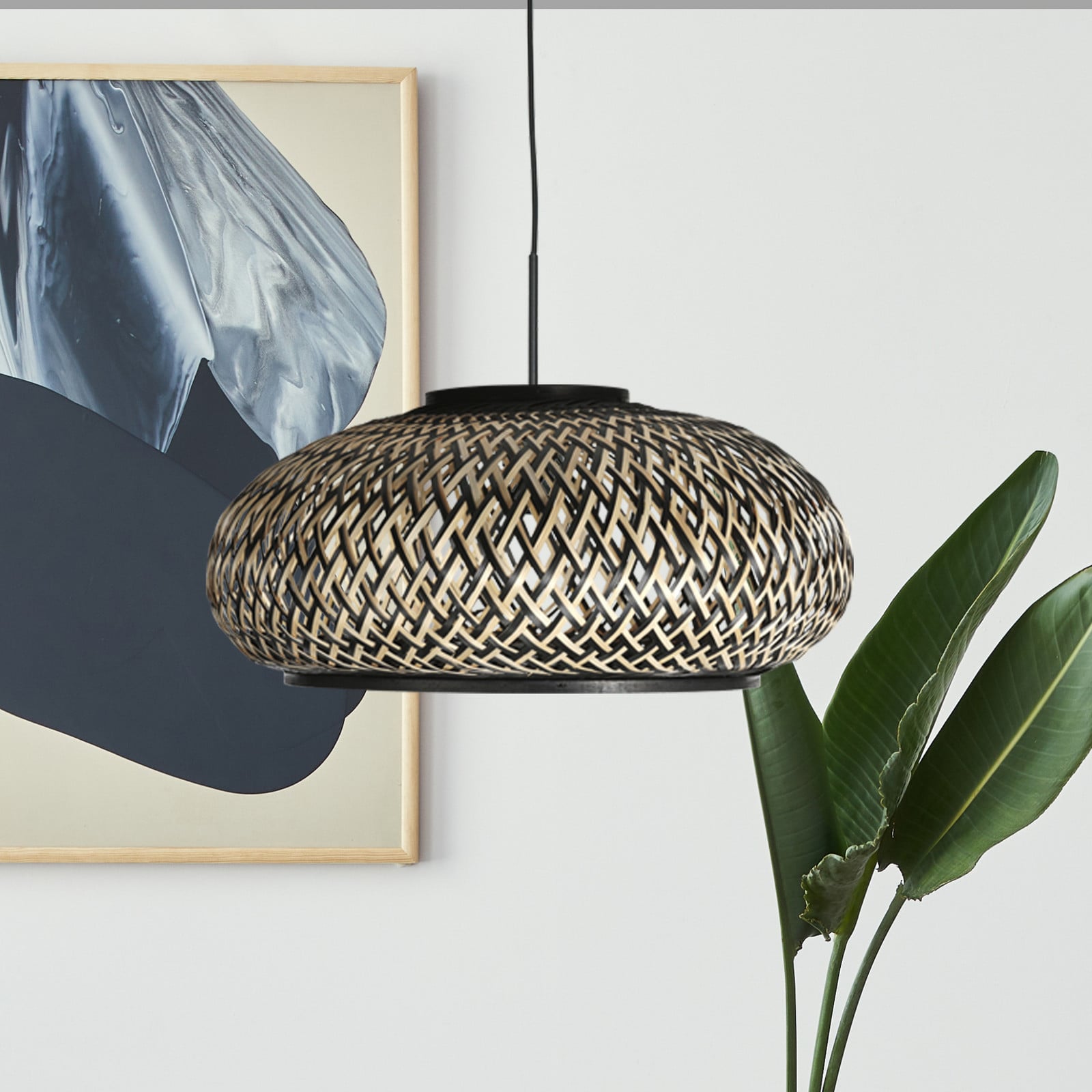 Steinhauer Lampă suspendată Sparkled Light 4476ZW împletitură de bambus Ø 50 cm - Camera de zi / sufragerie - negru lemn deschis la culoare - Bamboo