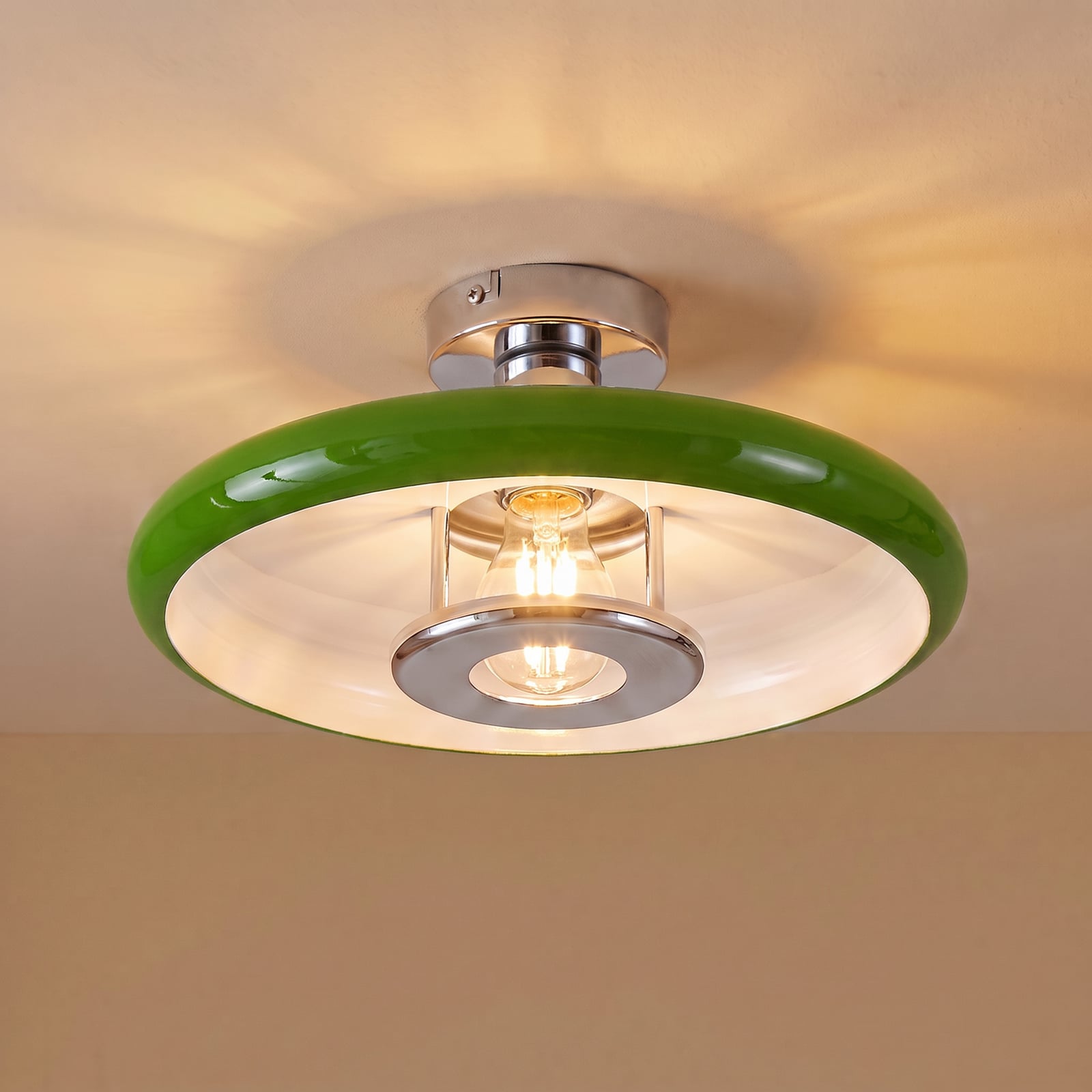 Candeeiro de teto Lindby Branford, retro, Ø 35 cm, verde, metal