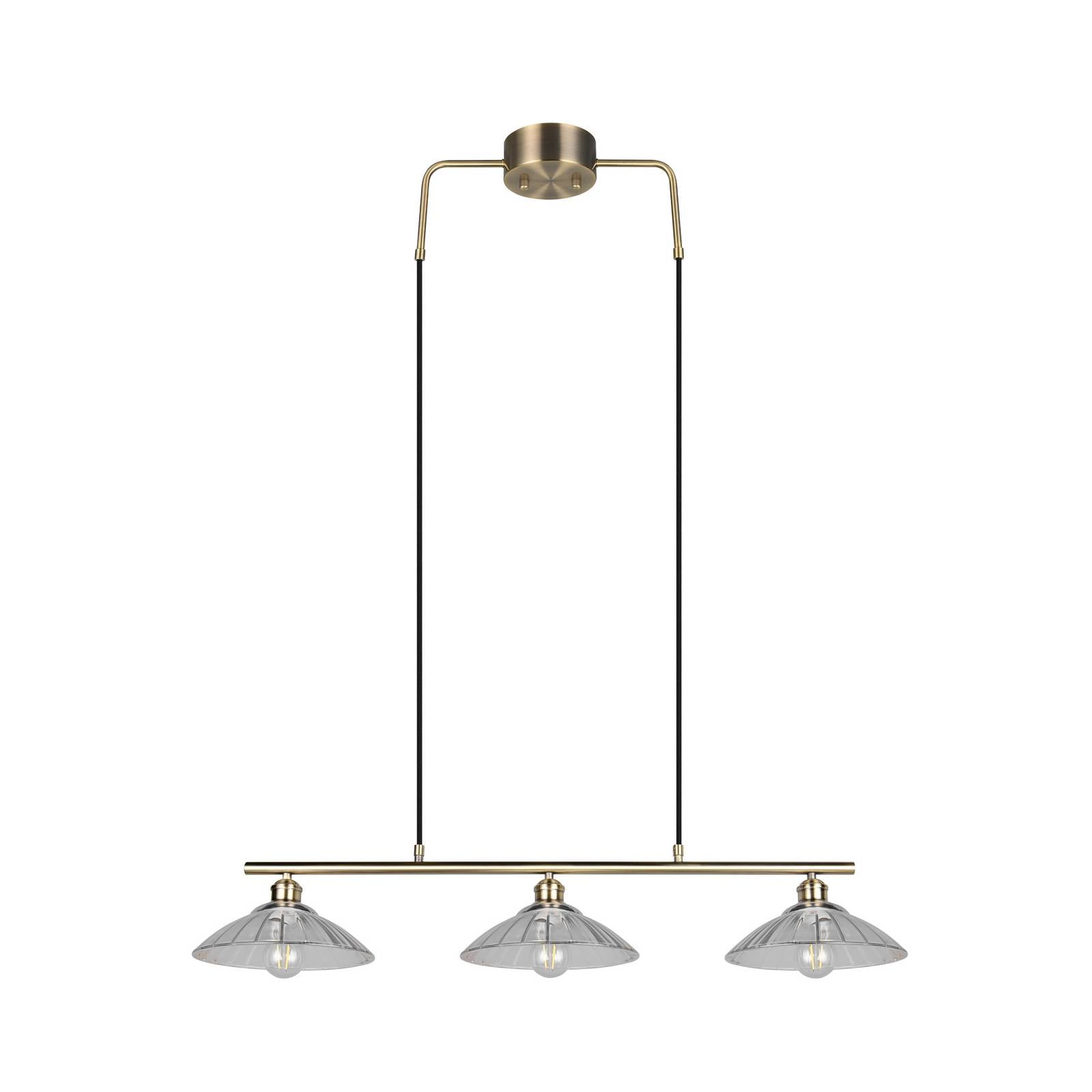 Hängelampe Eluna, klar/altmessing, 100 cm Glas/Metall 3-flg.