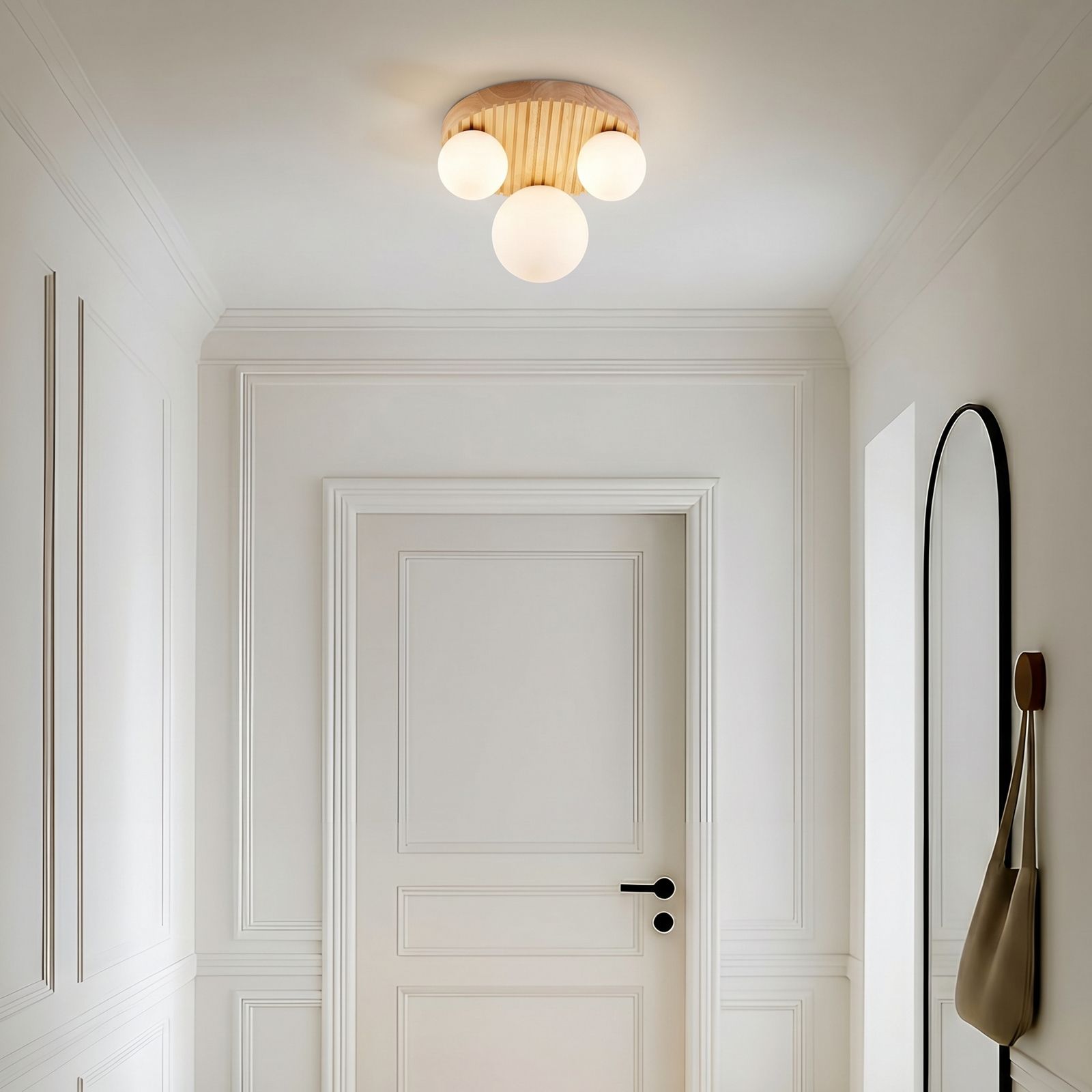 Lindby Mori ceiling light, Ø34 cm, G9, natural/white, wood/glass