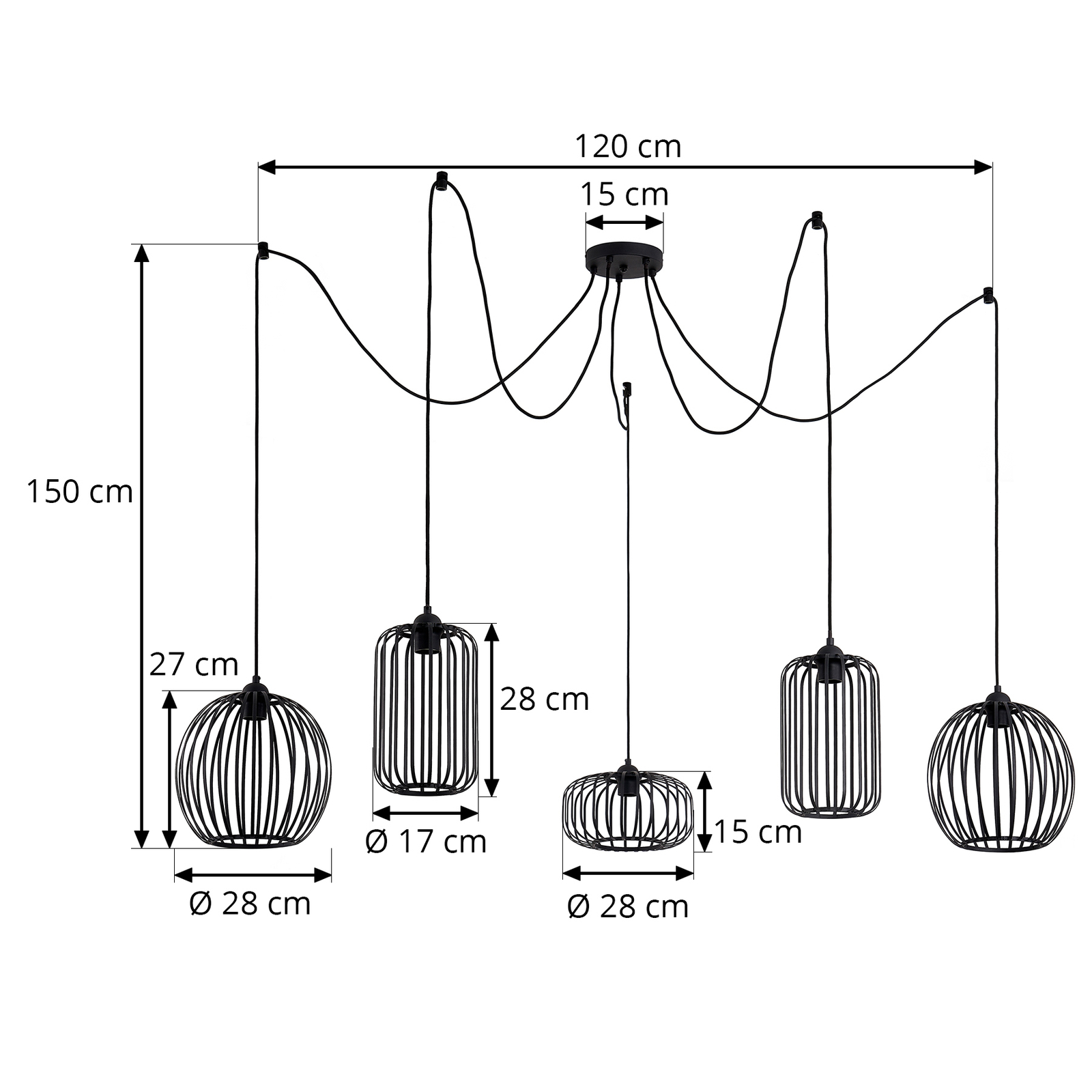 Lindby Krish suspension, aspect cage, cinq lampes