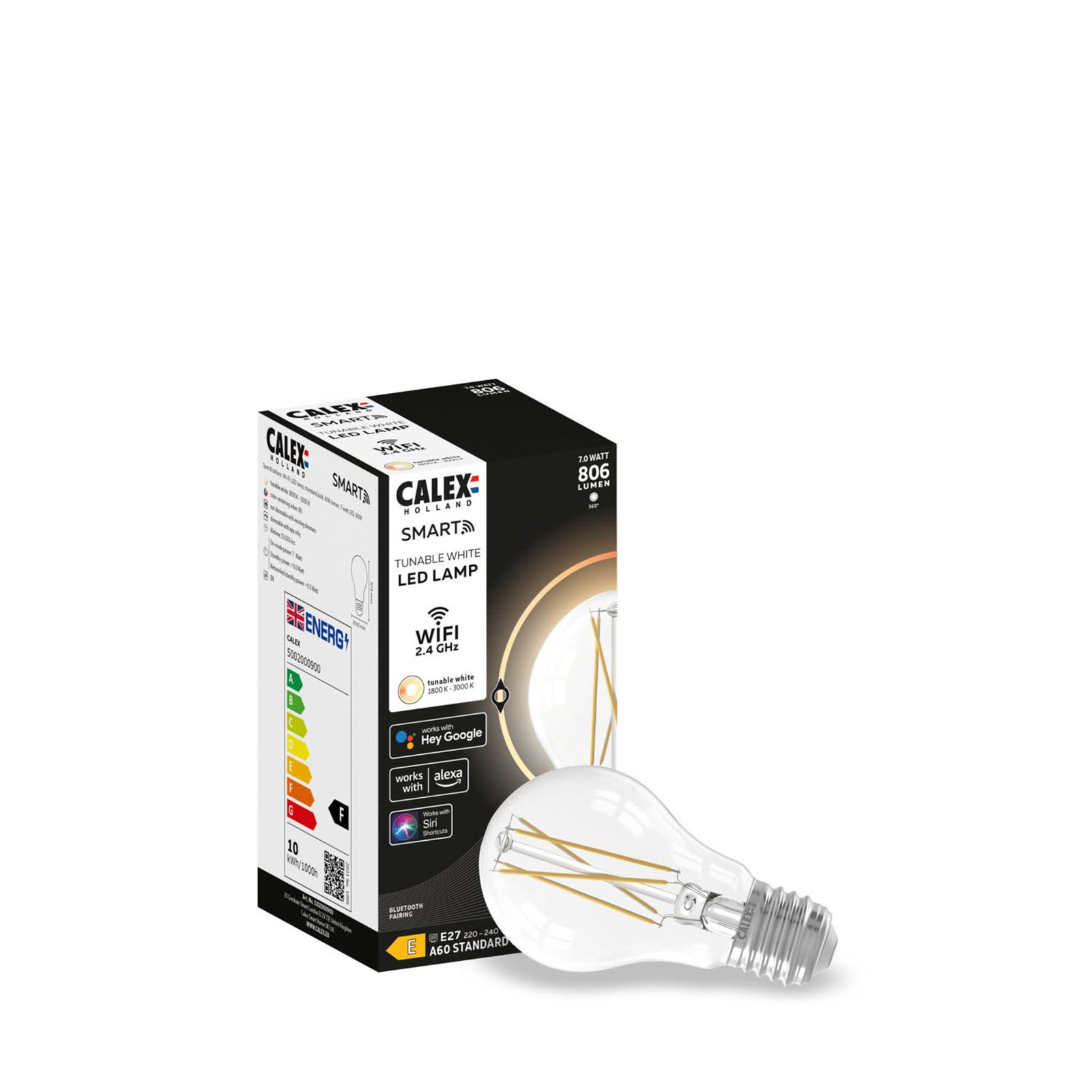 "Calex" išmanioji LED lempa E27 A60 7W su siūleliu CCT