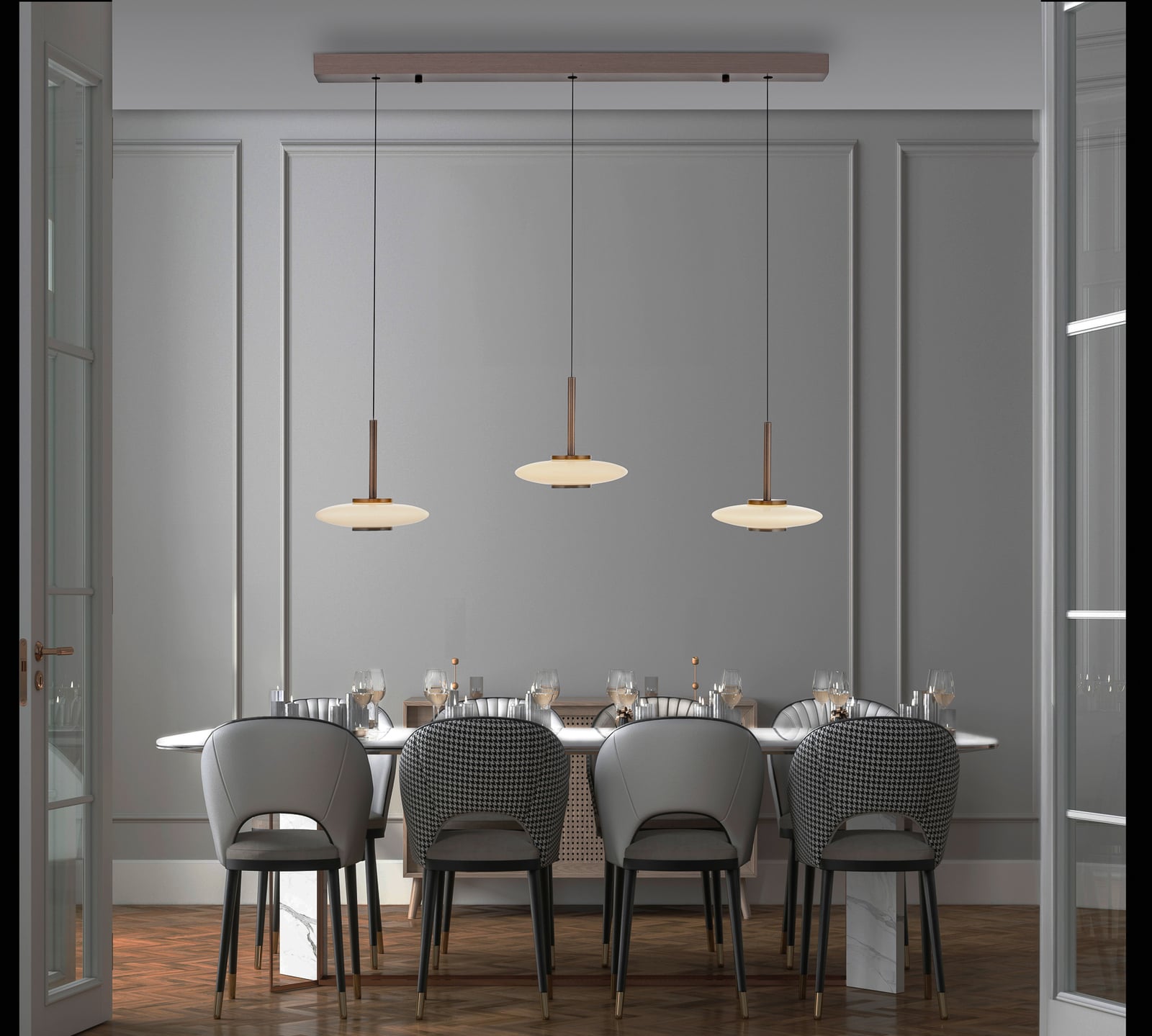 Suspension LED Vitrum, marron/opale, verre/aluminium, à 3 lampes - PURE