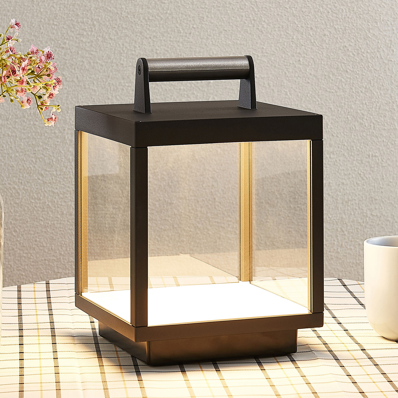Lucande LED table lamp Cube for outdoors, rechargeable, aluminium, glass, 4.5 W, energy efficiency: A+, L: 18 cm, W: 18 cm, H: 26.7 cm