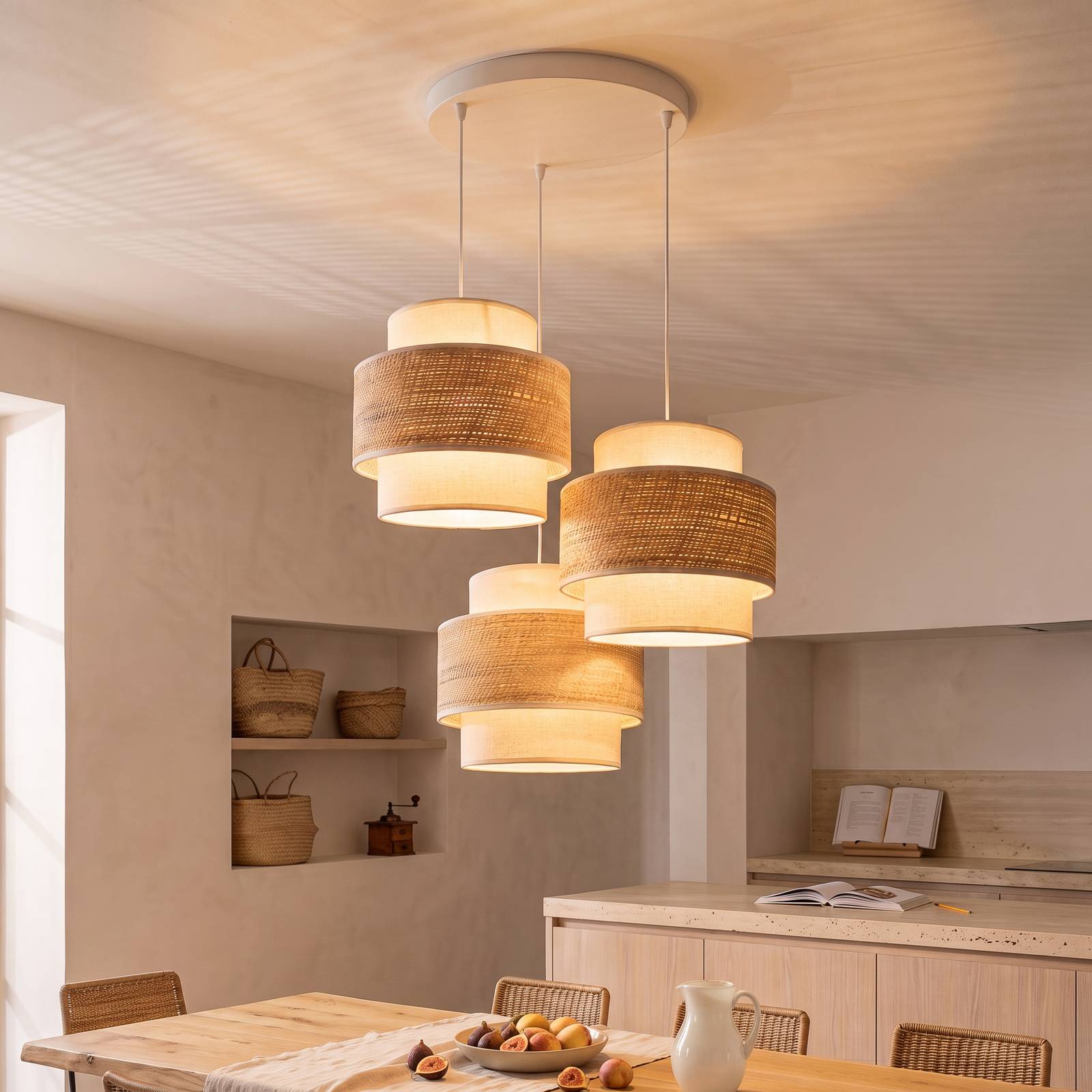 Lampa wisząca Space, kolor ecru/beżowy, 3-punktowa, z tkaniny, E27