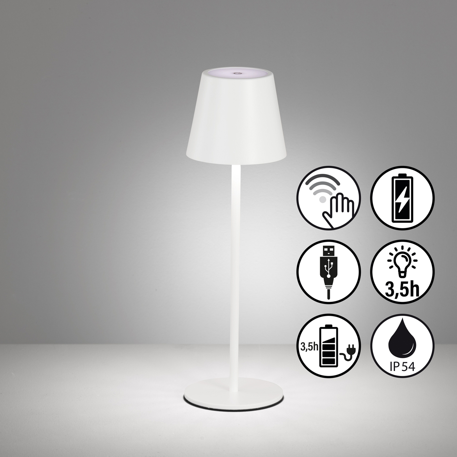 Lámpara de mesa LED recargable Viletto, blanca, IP54
