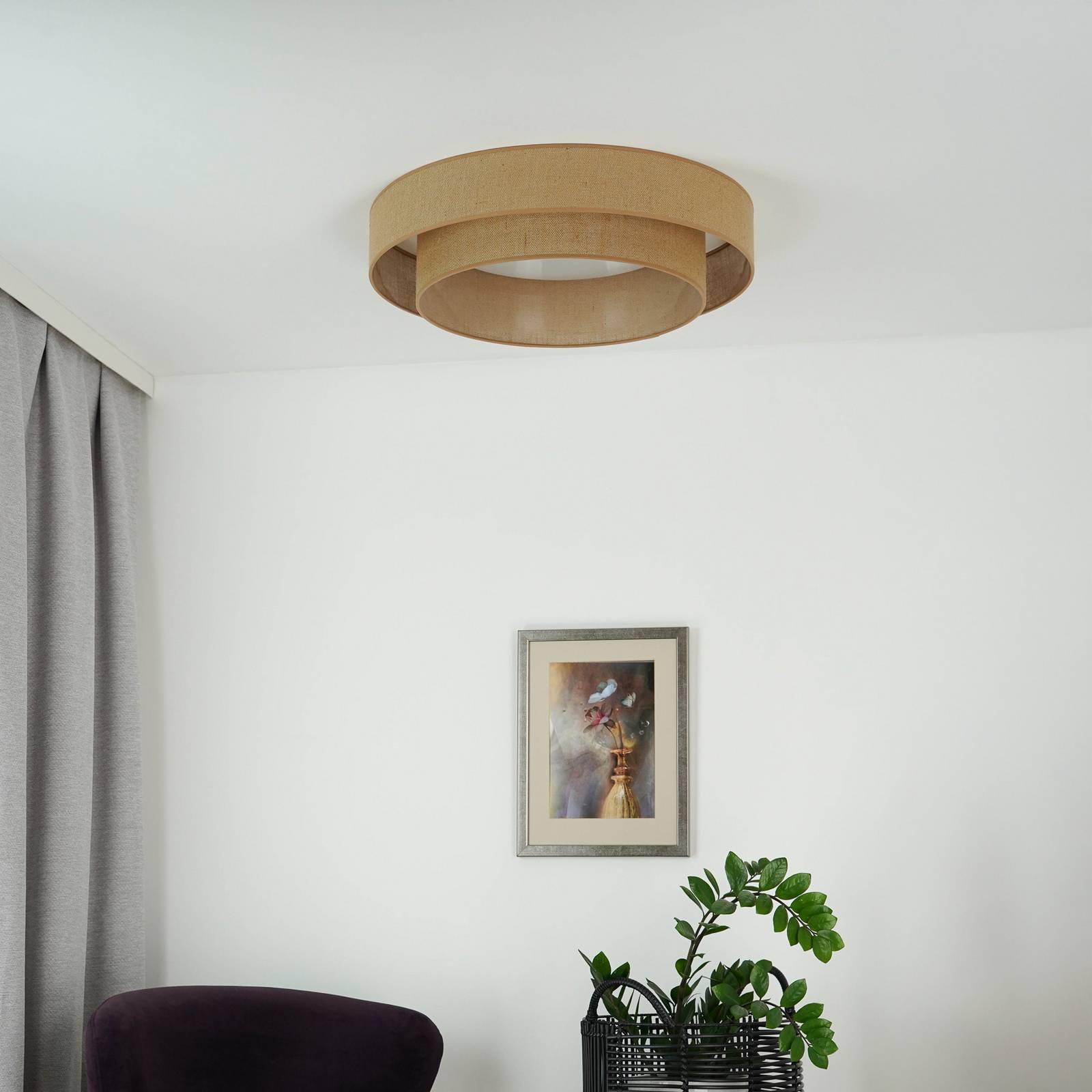 Lampa sufitowa LED Luneta, juta, brązowa, Ø 60 cm, ściemniana 3-stopniowo