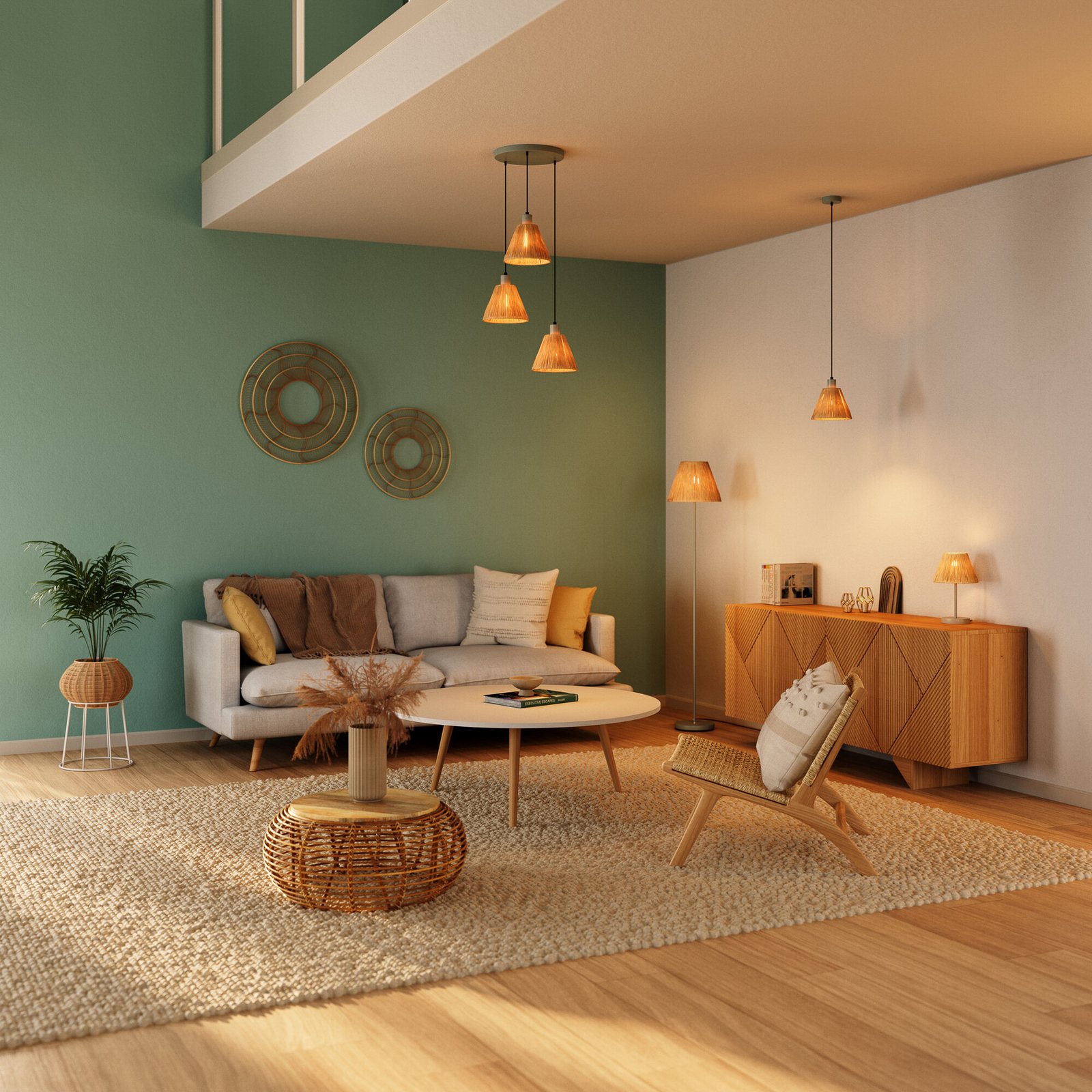 Lampada a sospensione OSRAM Decor Raffia, a 3 luci rotonde, rafia, naturale