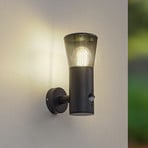 Lindby outdoor wall light Heulo, Ø 10.5 cm, smoke grey, sensor