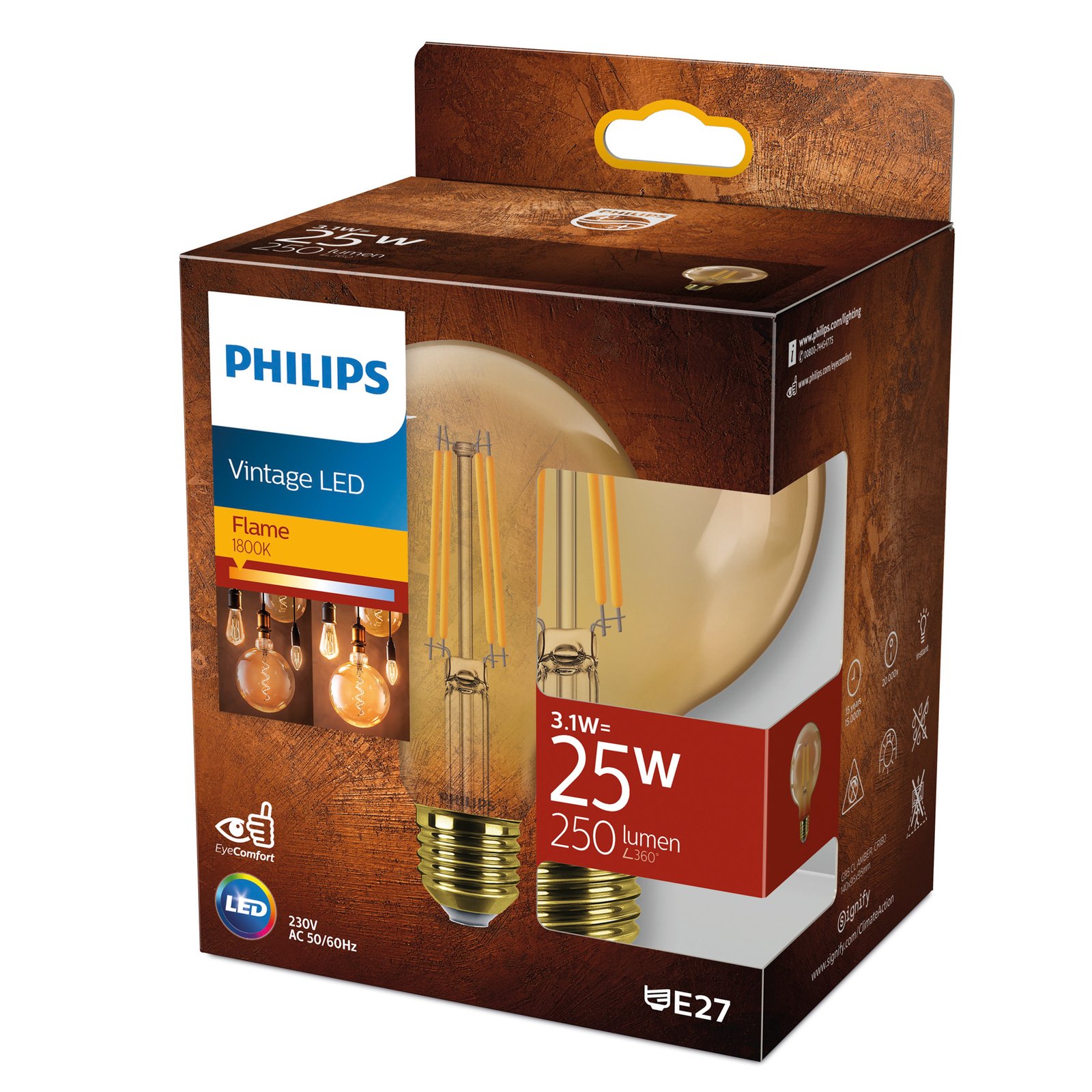 Philips E27 LED žárovka globe G95 3,1W 1800K zlatá