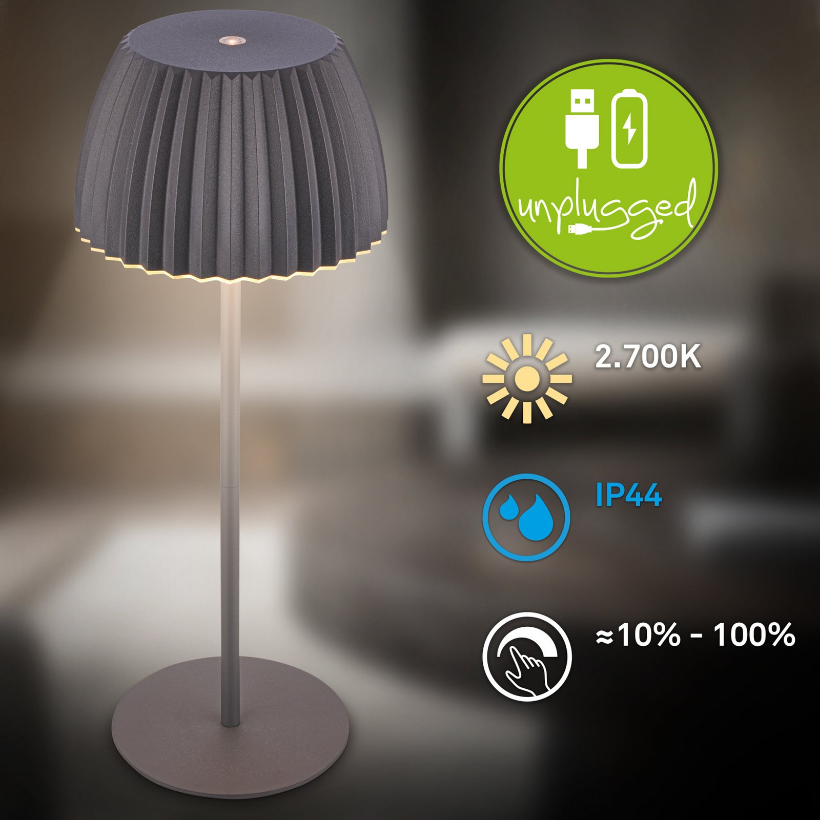 Lampe à poser LED rechargeable Brilo unplugged Riffle, 36 cm, anthracite