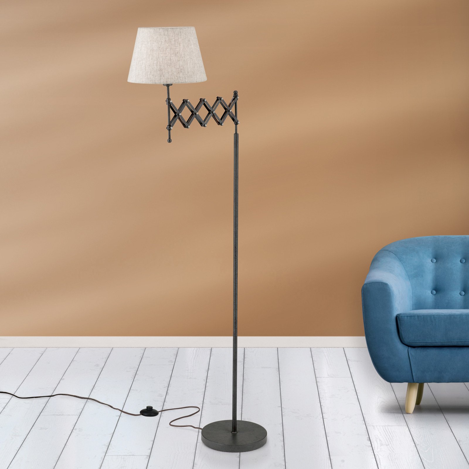 Factory floor lamp with linen lampshade