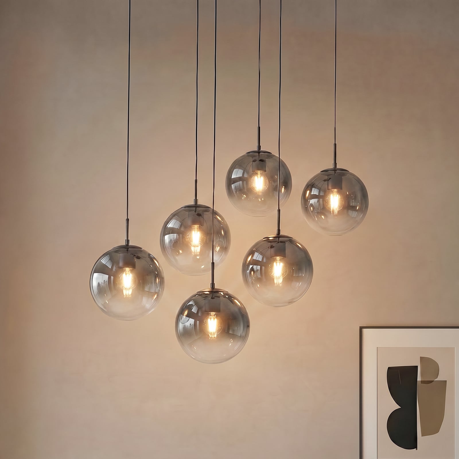 Lucande Висяща лампа Veloura, 6-пламъчна, 100 cm, стъкло, дърво