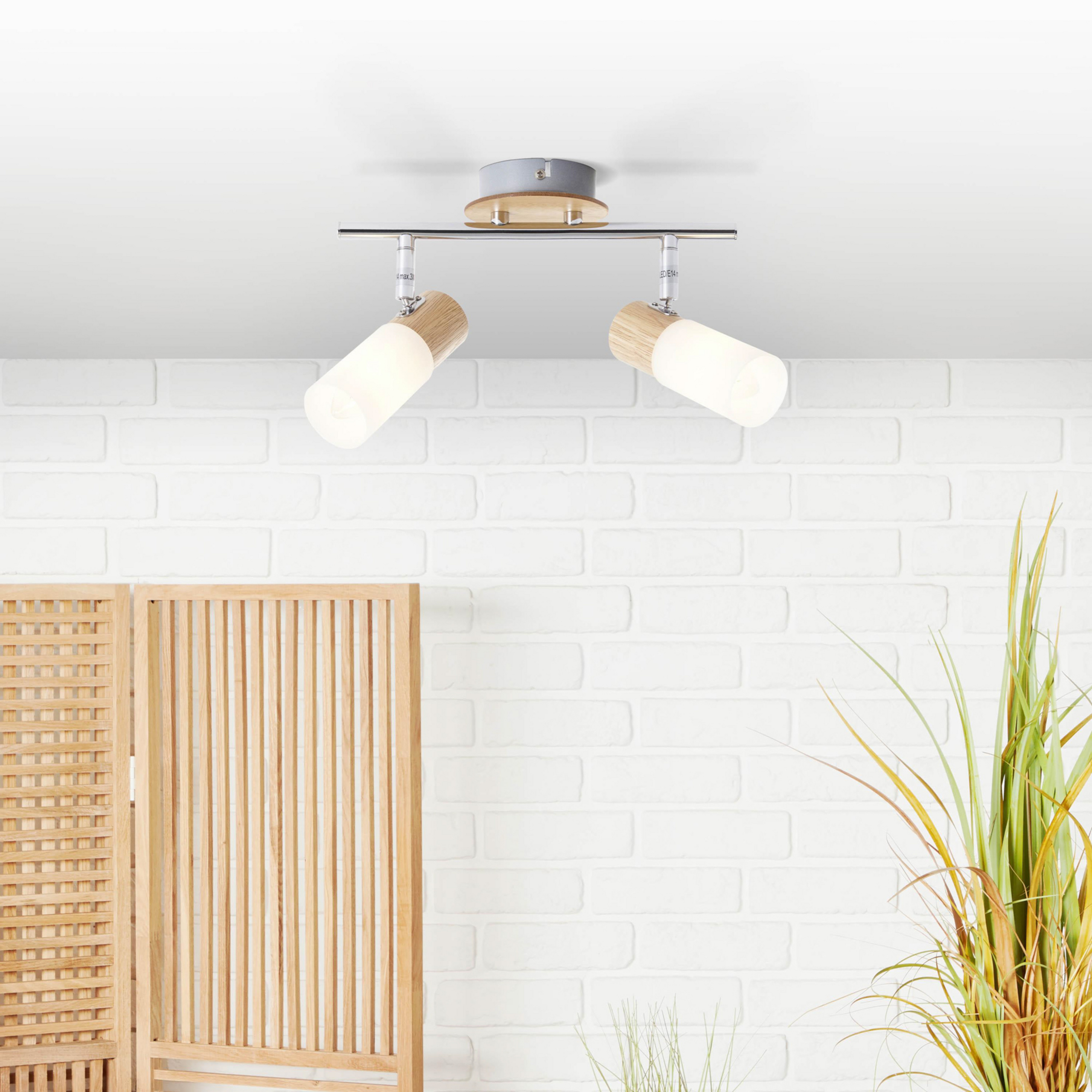 Spot pour plafond Babsan, longueur 27,5 cm, bois clair, à 2 lampes.