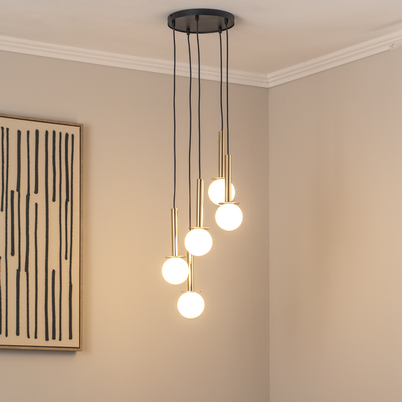 SIGMA Lampă suspendată Daisy 5 becuri auriu/alb/negru sticlă - Camera de zi / sufragerie - Modern - auriu alb negru - Metal